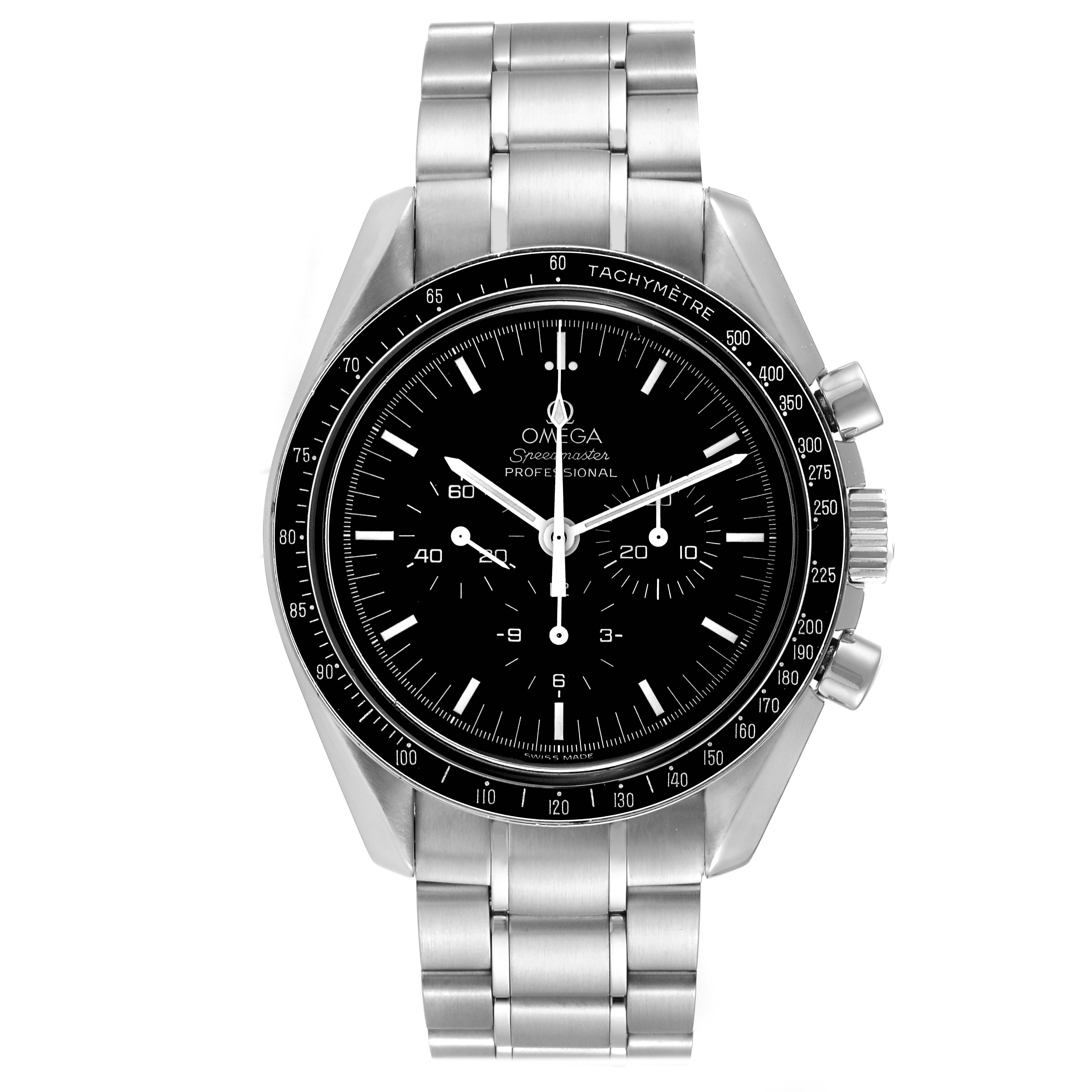 The image shows the front view of an Omega Speedmaster 3570.50.00 Men
s Stainless Steel Black Dial 3570.50.00 Men
s Stainless Steel Black Dial watch, displaying its dial, bezel, and stainless steel bracelet.