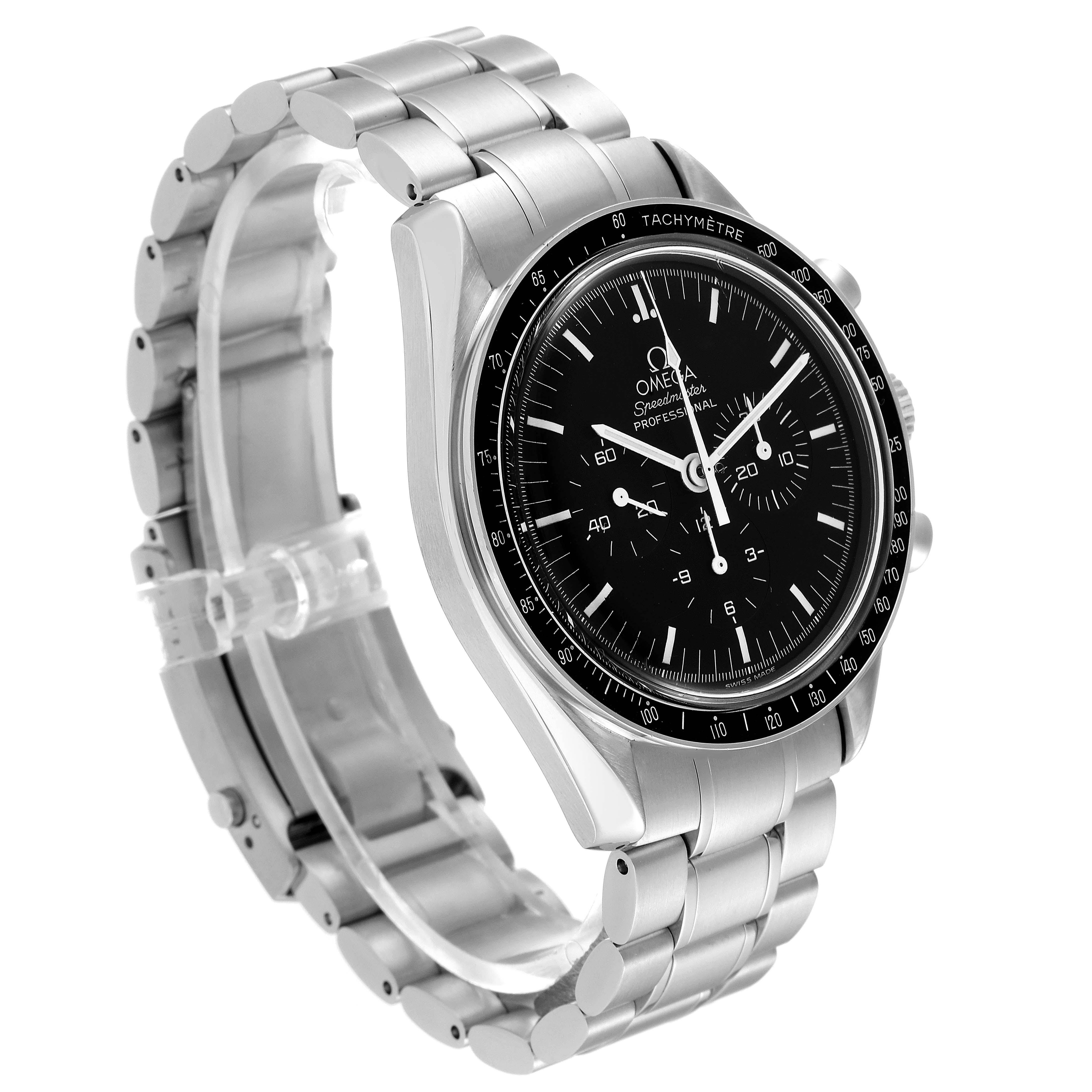 The image shows an Omega Speedmaster 3570.50.00 Men
s Stainless Steel Black Dial 3570.50.00 Men
s Stainless Steel Black Dial watch at a three-quarter angle, highlighting the black dial, bezel, and stainless steel bracelet.