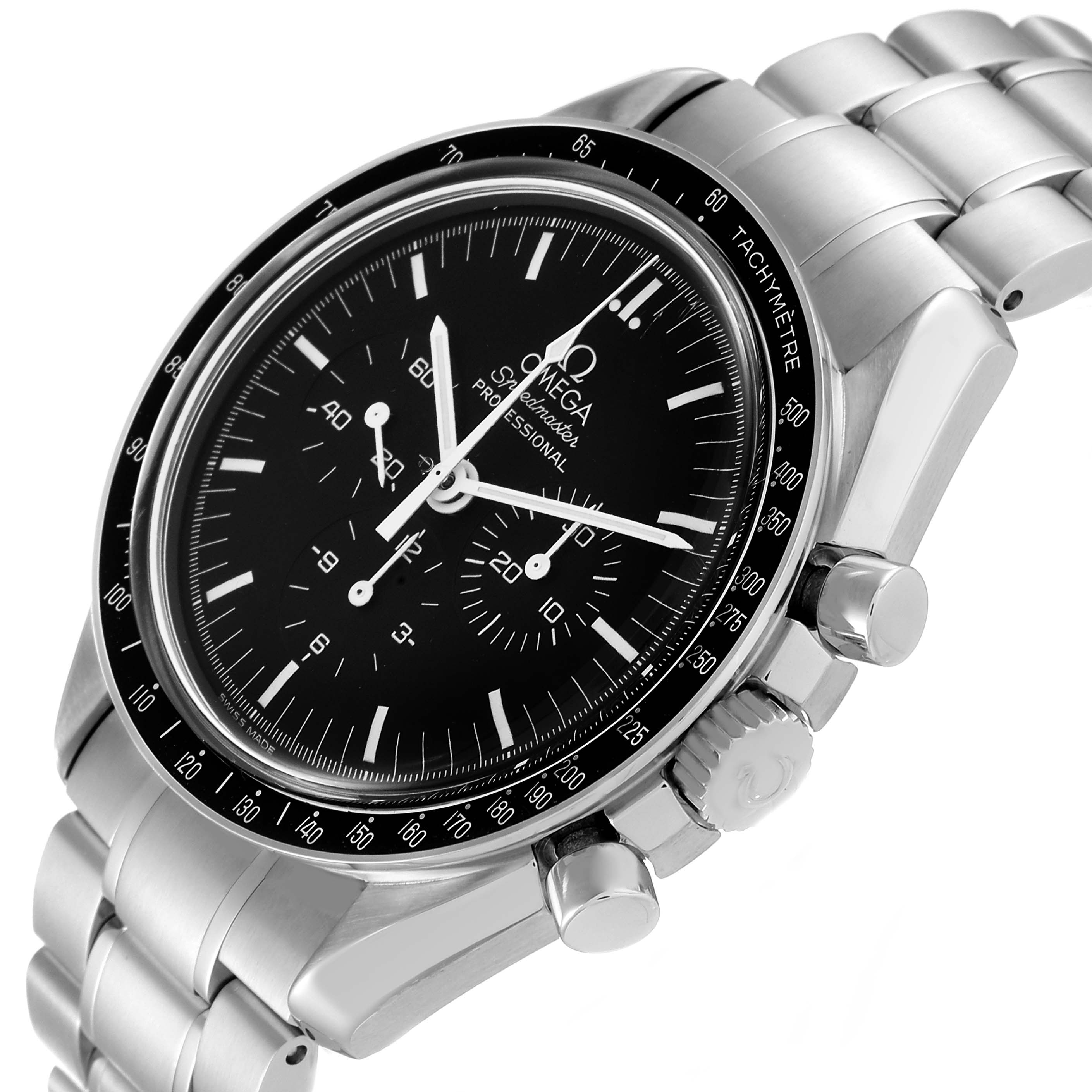 The image shows a side angle of the Omega Speedmaster 3570.50.00 Men
s Stainless Steel Black Dial 3570.50.00 Men
s Stainless Steel Black Dial, highlighting the face, bezel, crown, and bracelet.