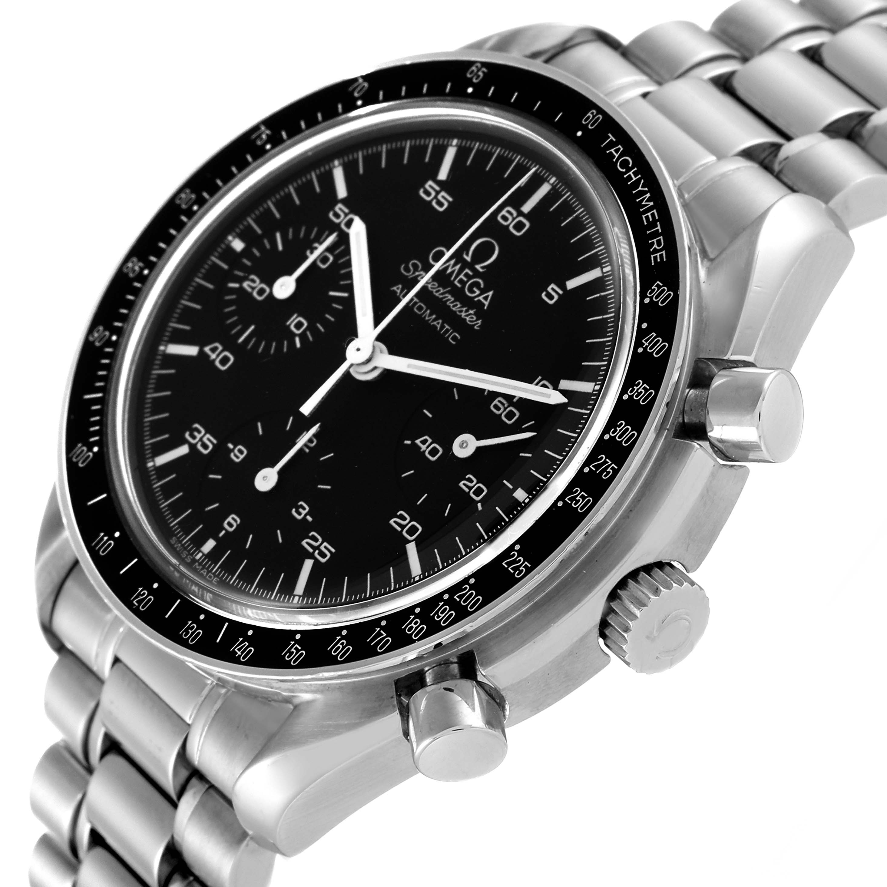 The Omega Speedmaster 3510.50.00 Men's Stainless Steel Black Dial 3510.50.00 Men's Stainless Steel Black Dial watch is shown at a tilted side angle, highlighting the dial, bezel, crown, and bracelet.