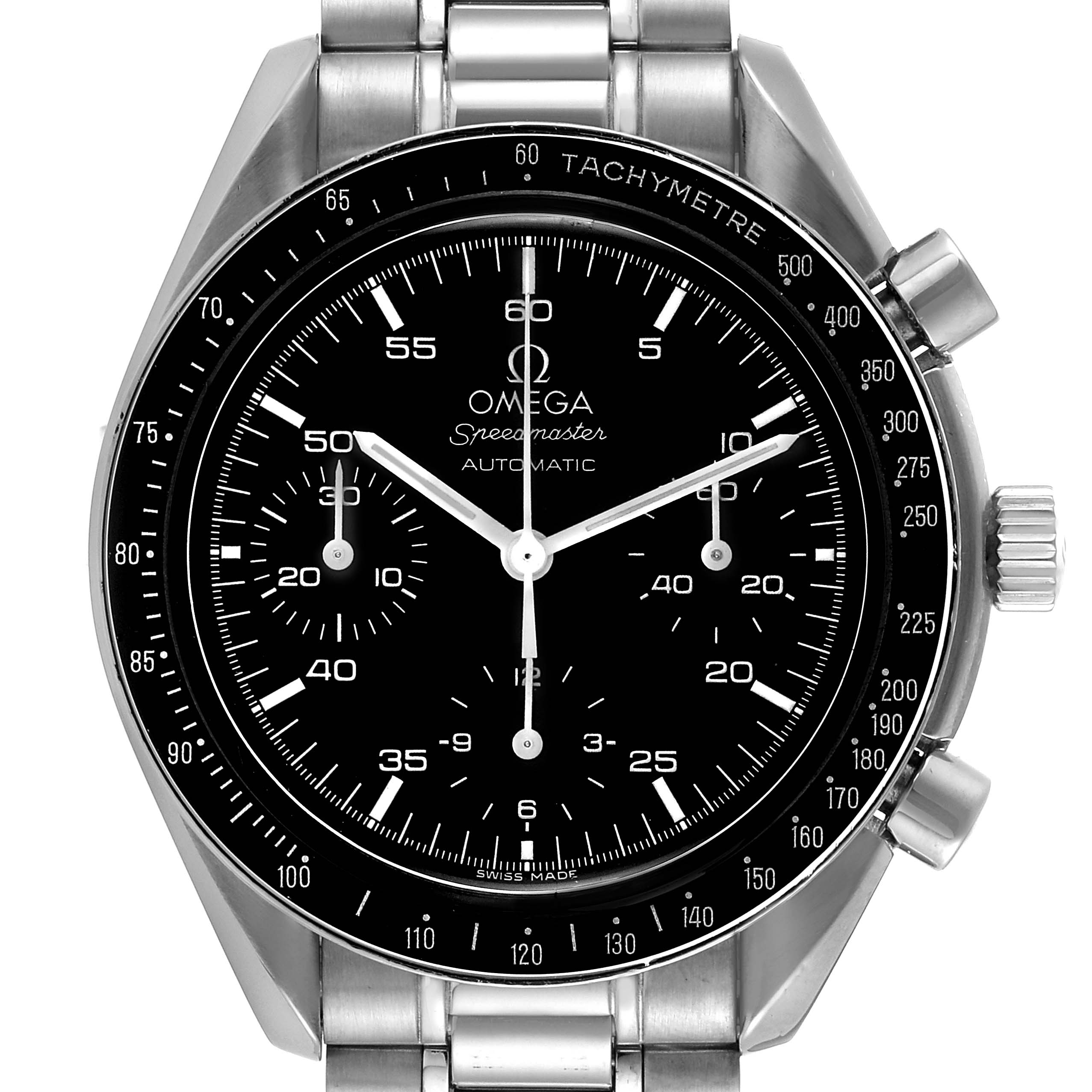 This image shows a frontal view of the Omega Speedmaster 3510.50.00 Men's Stainless Steel Black Dial 3510.50.00 Men's Stainless Steel Black Dial watch, displaying its dial, subdials, tachymeter bezel, and stainless steel bracelet.