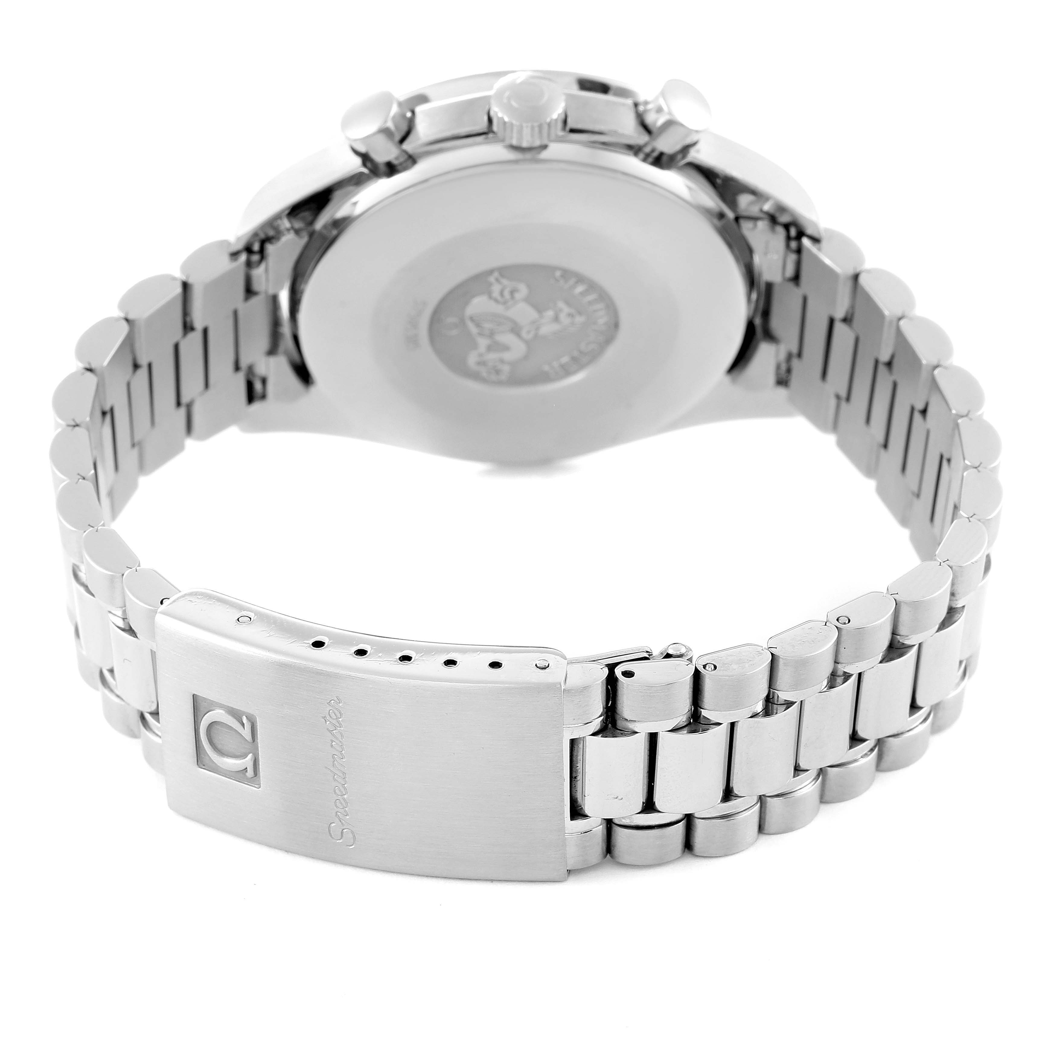 The image shows the back view of an Omega Speedmaster 3510.50.00 Men's Stainless Steel Black Dial 3510.50.00 Men's Stainless Steel Black Dial watch, showcasing its bracelet and clasp.