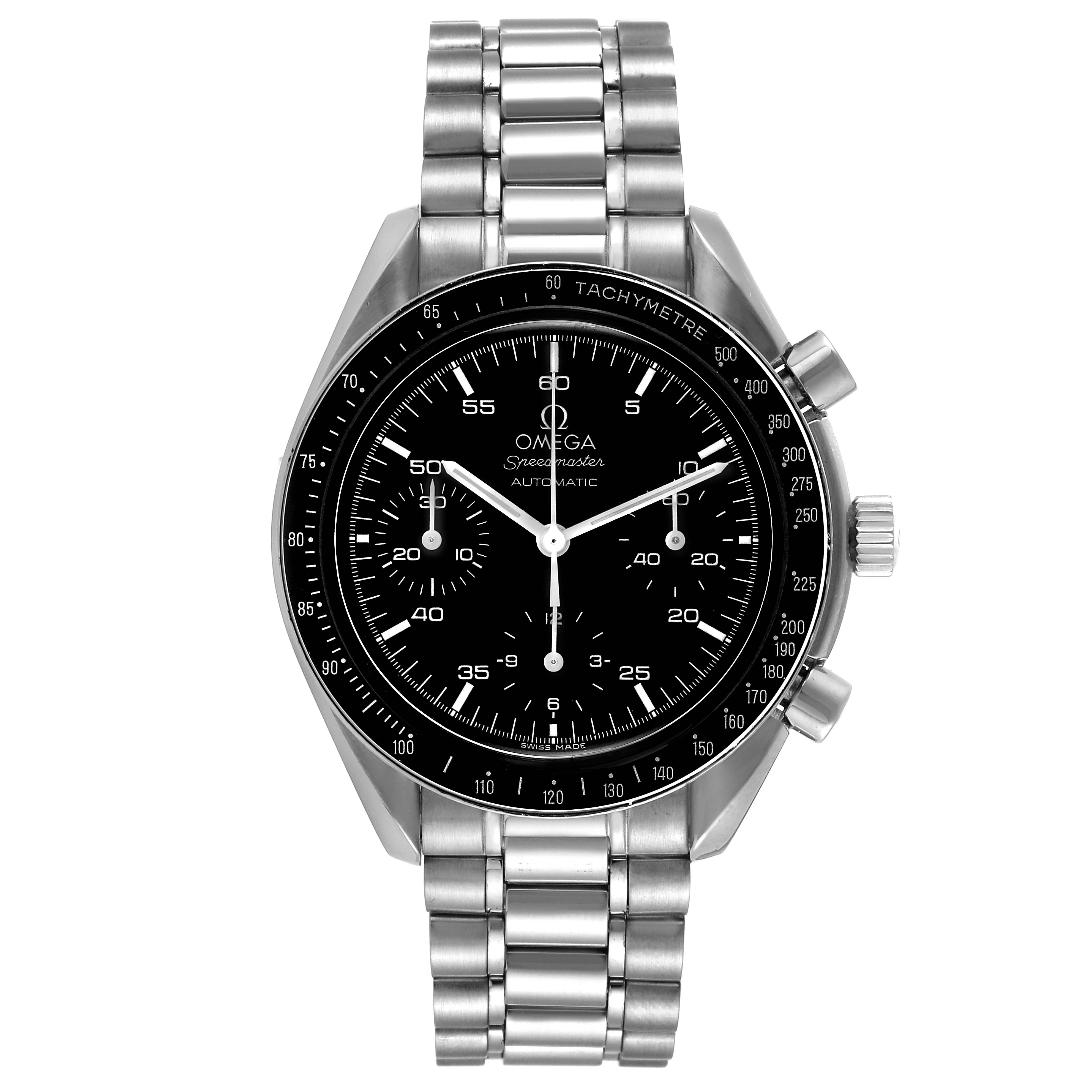 The image shows a front view of the Omega Speedmaster 3510.50.00 Men's Stainless Steel Black Dial 3510.50.00 Men's Stainless Steel Black Dial watch, featuring its stainless steel bracelet and chronograph dial.