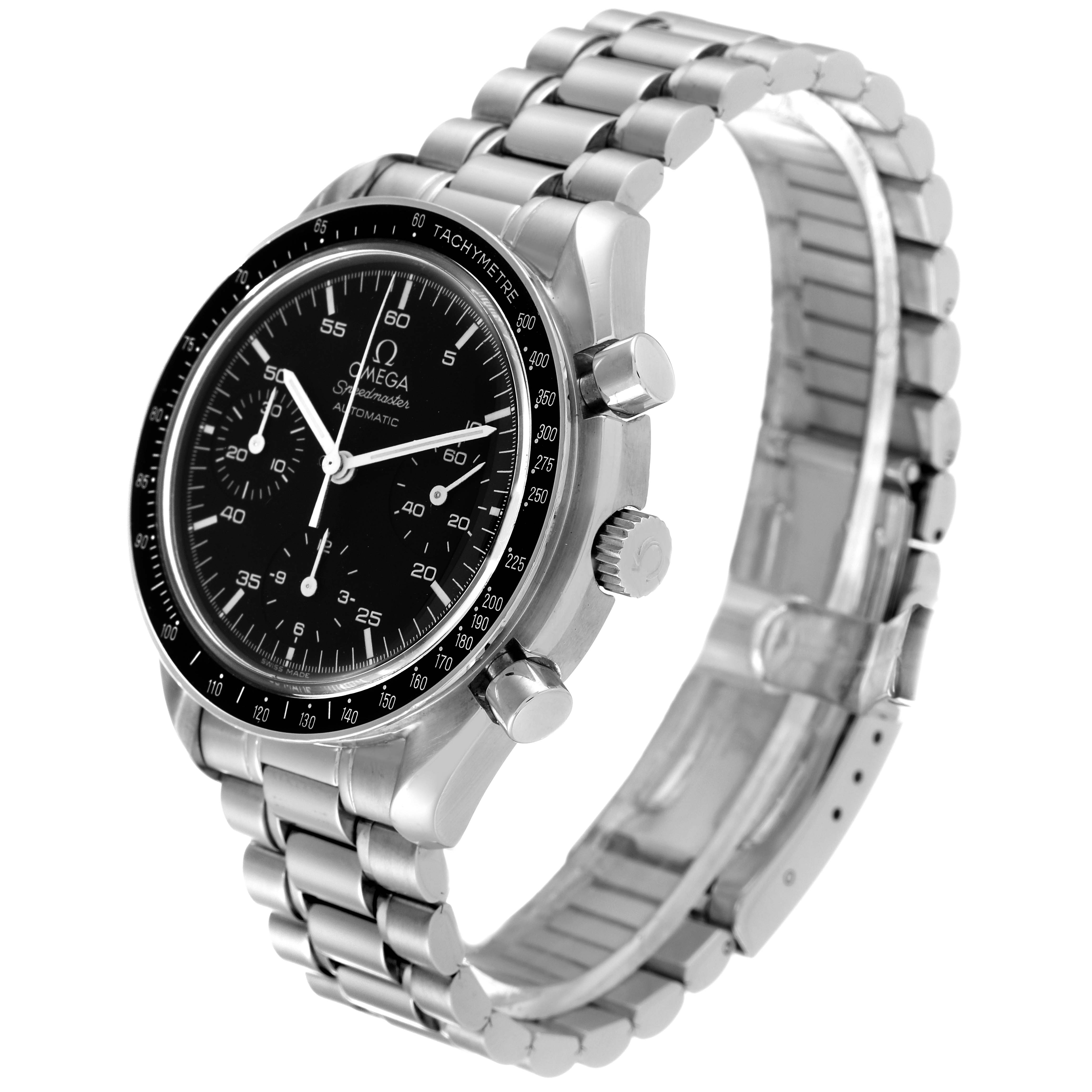 The image shows a side and front angle of the Omega Speedmaster 3510.50.00 Men's Stainless Steel Black Dial 3510.50.00 Men's Stainless Steel Black Dial, highlighting its black dial, stainless steel case, and bracelet.