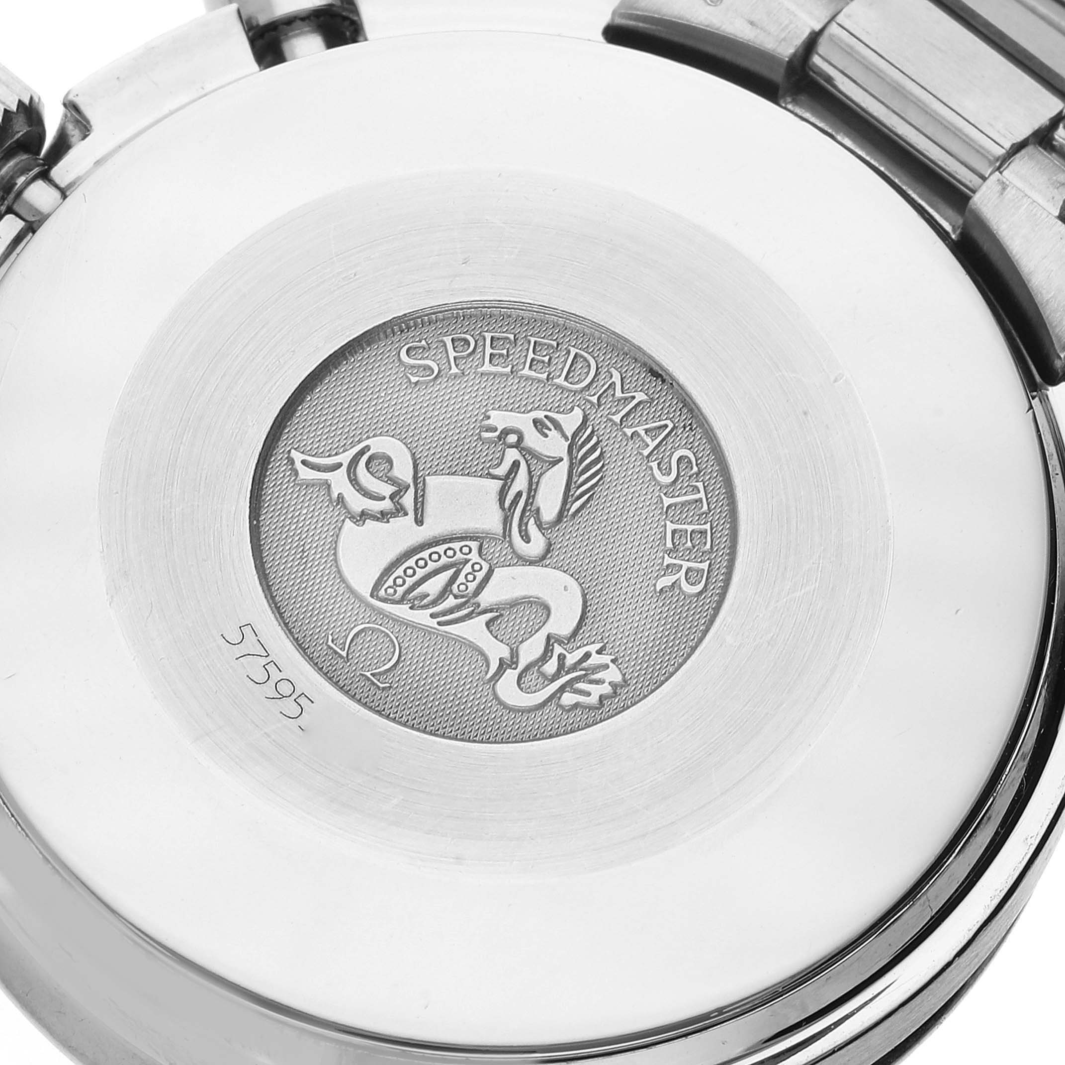 The image shows the engraved case back of an Omega Speedmaster 3510.50.00 Men's Stainless Steel Black Dial 3510.50.00 Men's Stainless Steel Black Dial watch.