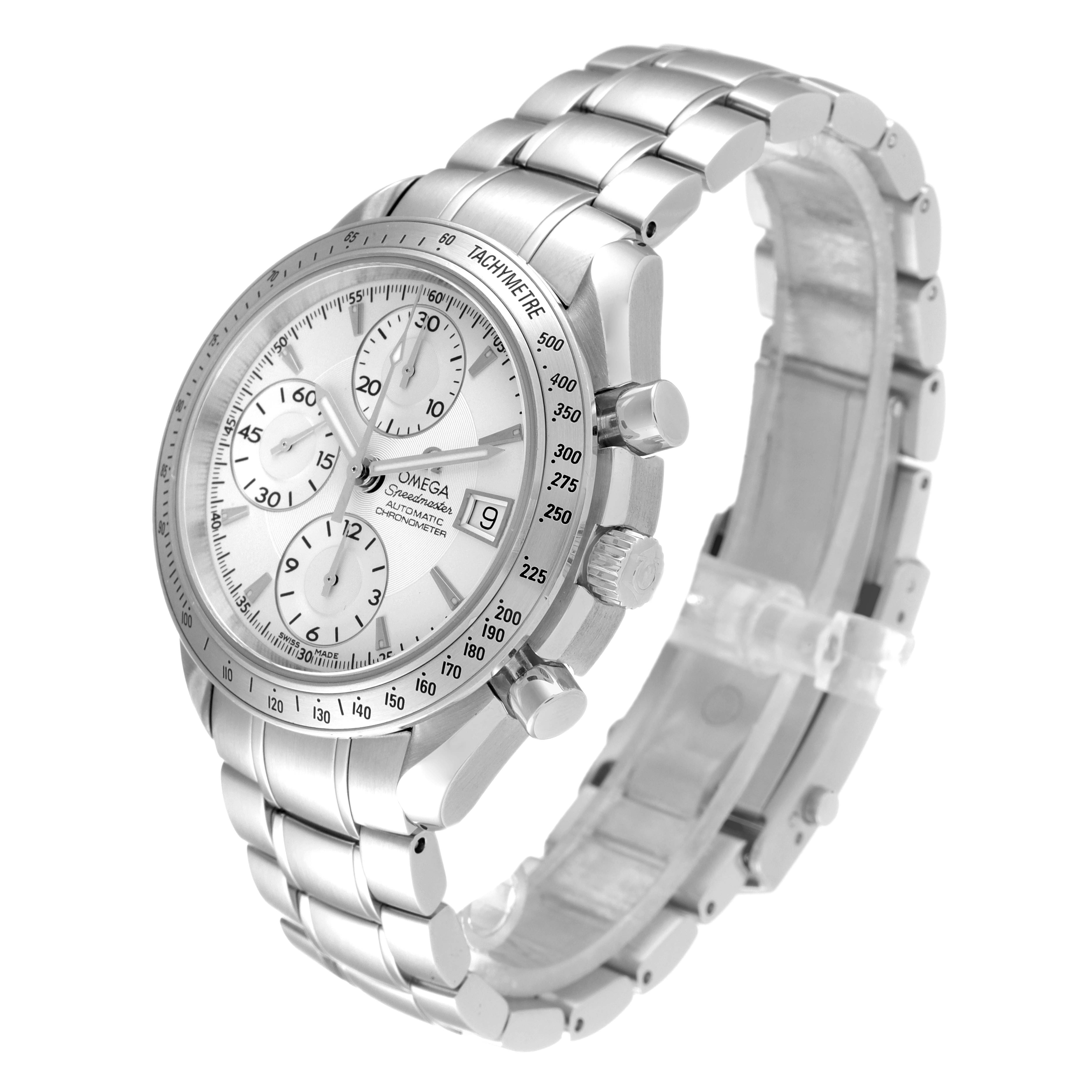 This image shows a side and front angle view of the Omega Speedmaster 3211.30.00 Men's Stainless Steel Silver Dial 3211.30.00 Men's Stainless Steel Silver Dial watch, highlighting its face, bezel, crown, and bracelet.