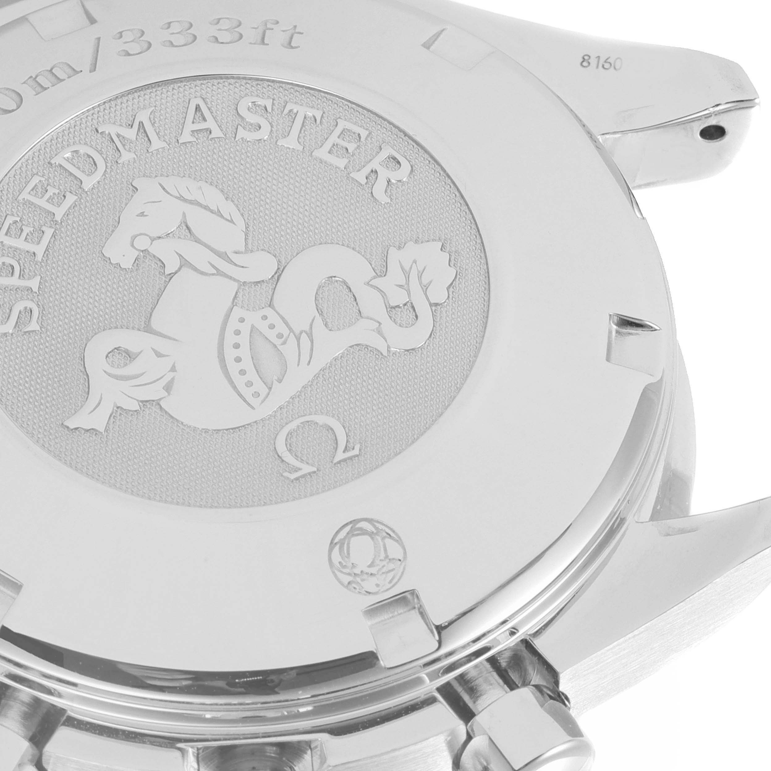 The image shows the detailed case back of the Omega Speedmaster 3211.30.00 Men's Stainless Steel Silver Dial 3211.30.00 Men's Stainless Steel Silver Dial watch, highlighting the logo and water resistance.