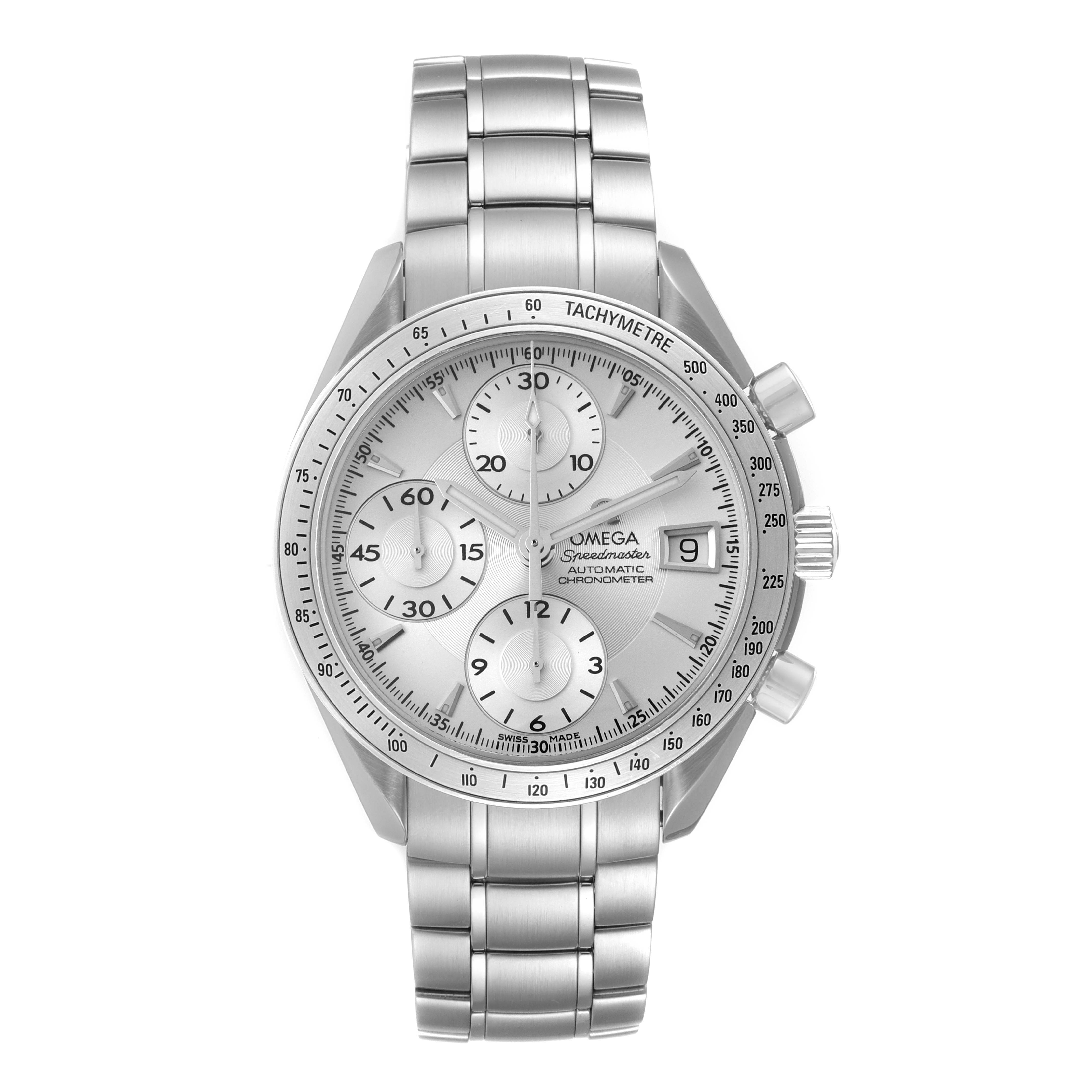 This image shows a front angle of an Omega Speedmaster 3211.30.00 Men's Stainless Steel Silver Dial 3211.30.00 Men's Stainless Steel Silver Dial watch displaying its dial, bracelet, and chronograph functions.