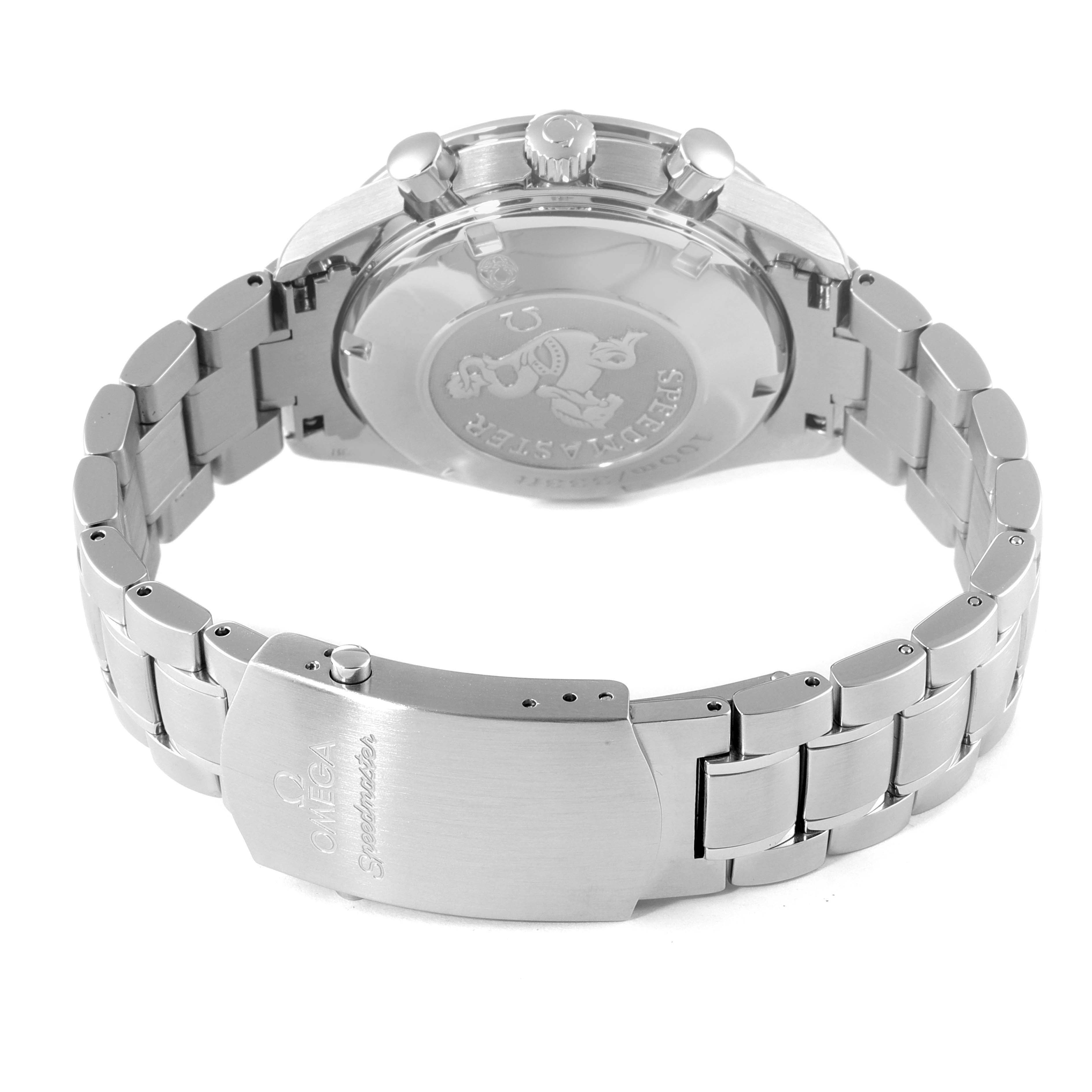 The image shows the back view of an Omega Speedmaster 3211.30.00 Men's Stainless Steel Silver Dial 3211.30.00 Men's Stainless Steel Silver Dial watch, focusing on its stainless steel bracelet and clasp.