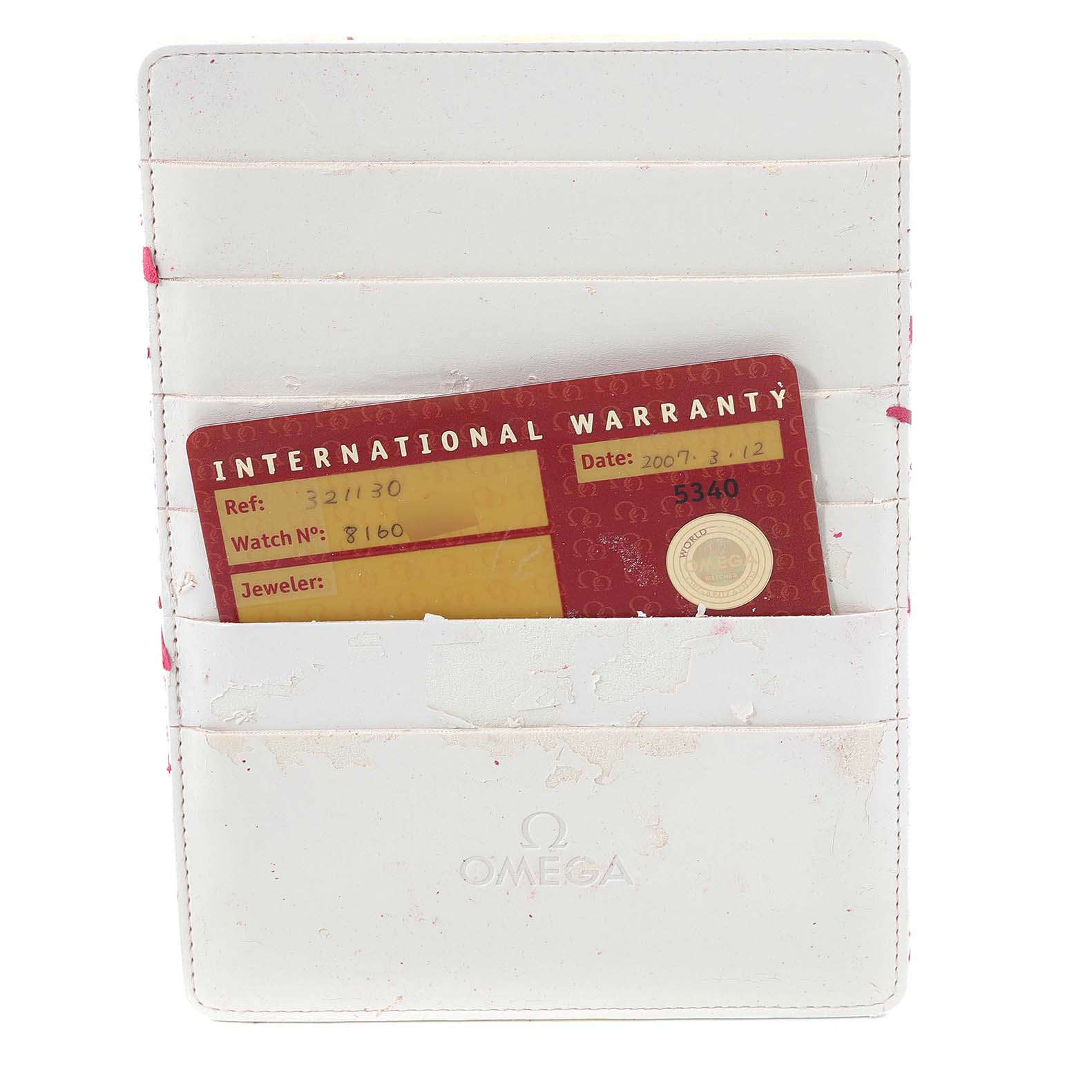 The image shows an International Warranty card for an Omega Speedmaster 3211.30.00 Men's Stainless Steel Silver Dial 3211.30.00 Men's Stainless Steel Silver Dial watch, stored in a white cardholder.