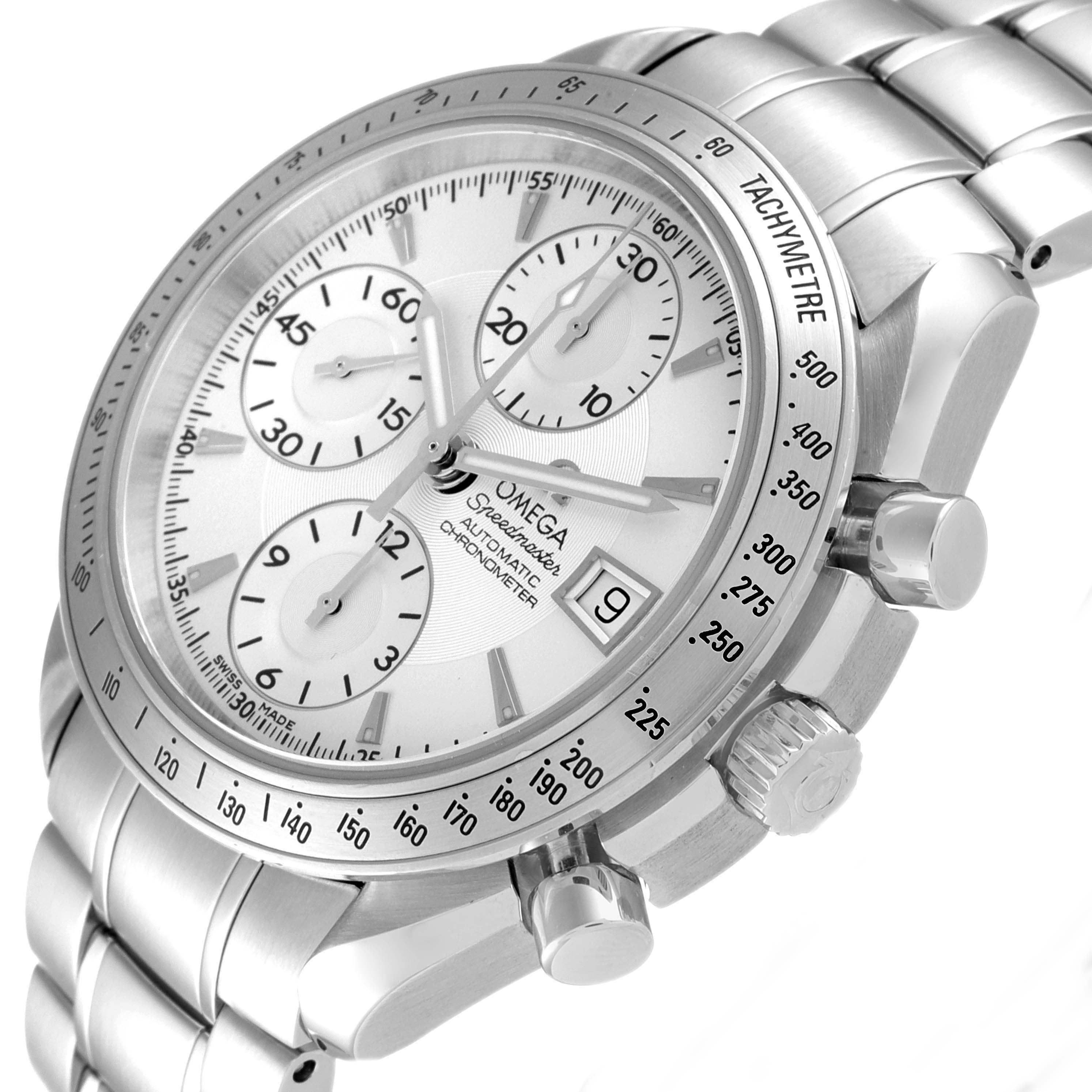 The Omega Speedmaster 3211.30.00 Men's Stainless Steel Silver Dial 3211.30.00 Men's Stainless Steel Silver Dial watch is shown at a tilted angle, highlighting its face, subdials, tachymeter bezel, and metal bracelet.