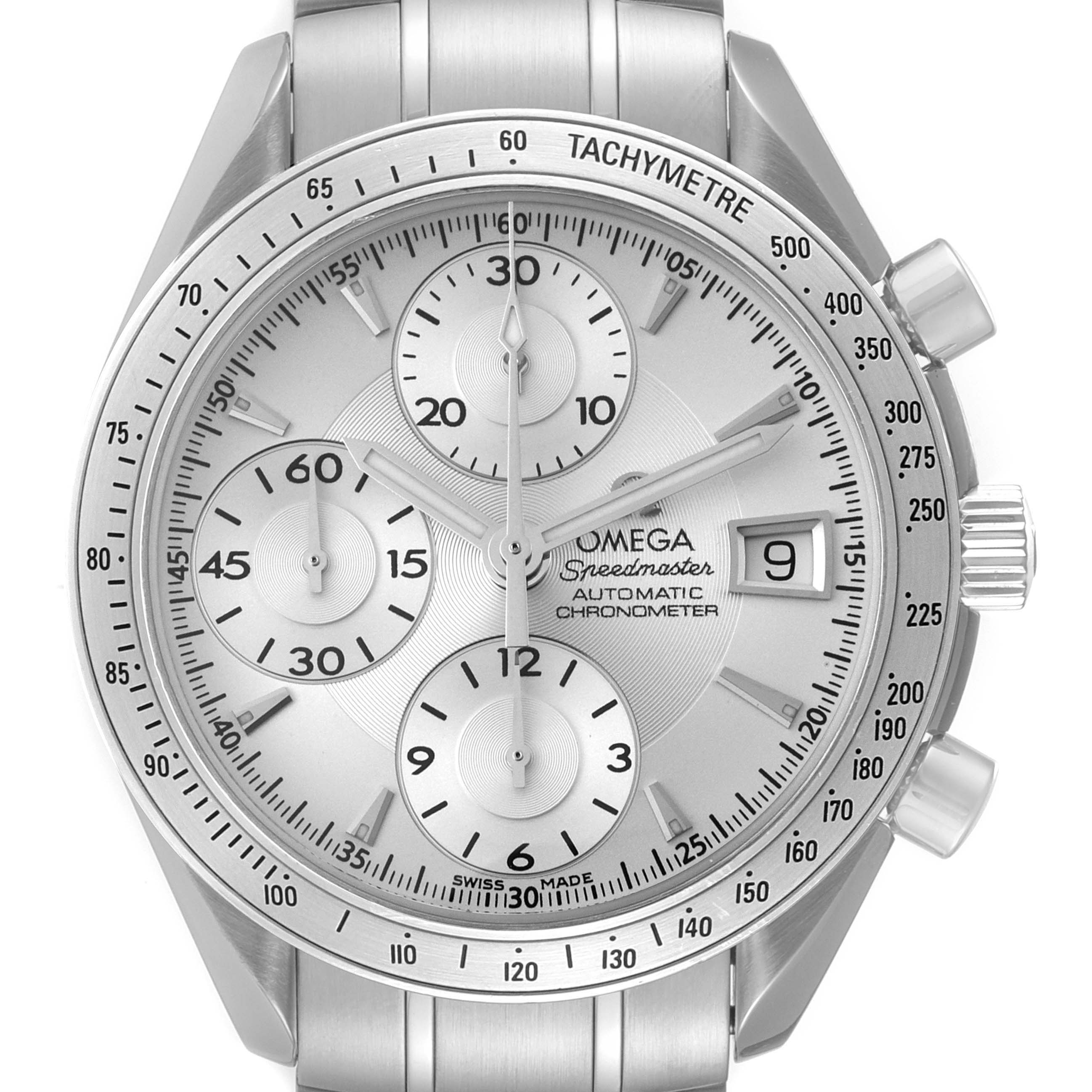The image shows a front view of an Omega Speedmaster 3211.30.00 Men's Stainless Steel Silver Dial 3211.30.00 Men's Stainless Steel Silver Dial watch, displaying the dial, subdials, tachymeter, date window, and crown.