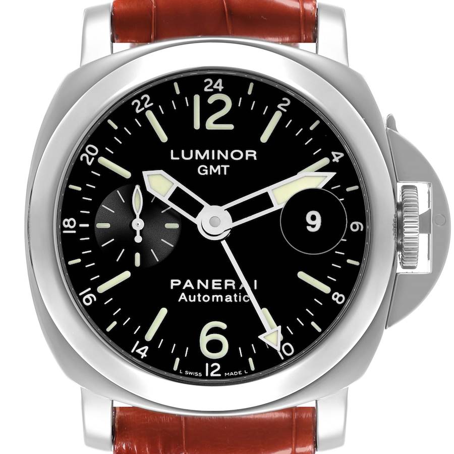 The Panerai Luminor model is shown from the front, displaying its dial, hands, and crown guard with a leather strap.