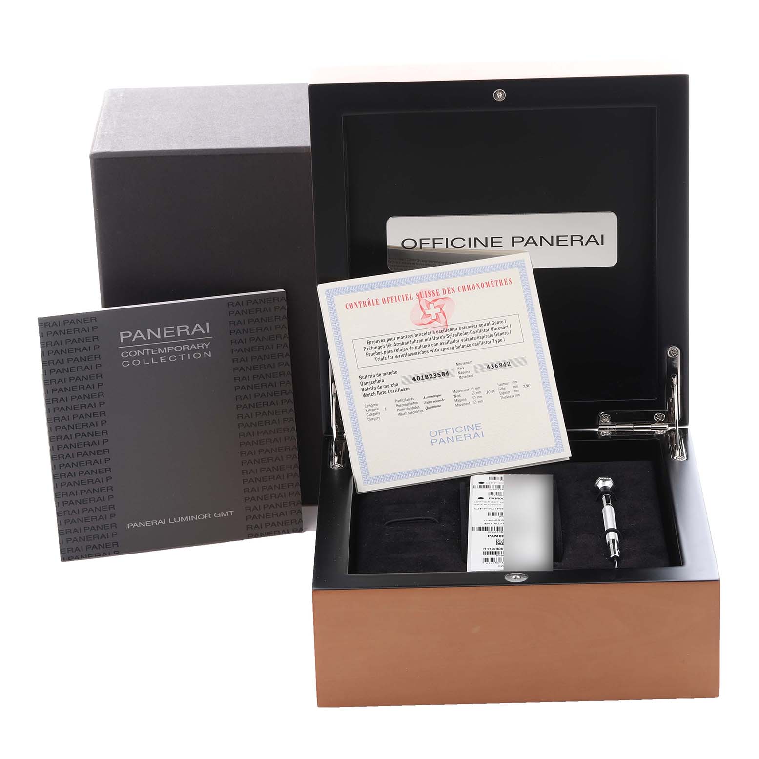 The image shows an open Panerai Luminor PAM00237 Men's Stainless Steel Black Dial PAM00237 Men's Stainless Steel Black Dial watch box with documentation and a tool, viewed from the front.