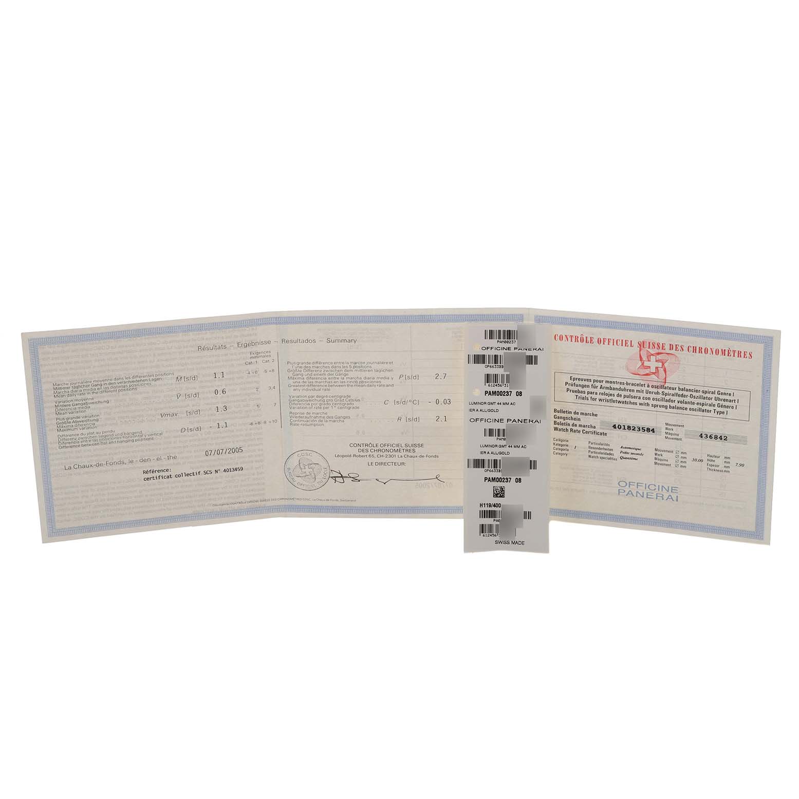 The image shows documentation and labels for the Panerai Luminor PAM00237 Men's Stainless Steel Black Dial PAM00237 Men's Stainless Steel Black Dial model, displayed flat and unfolded.