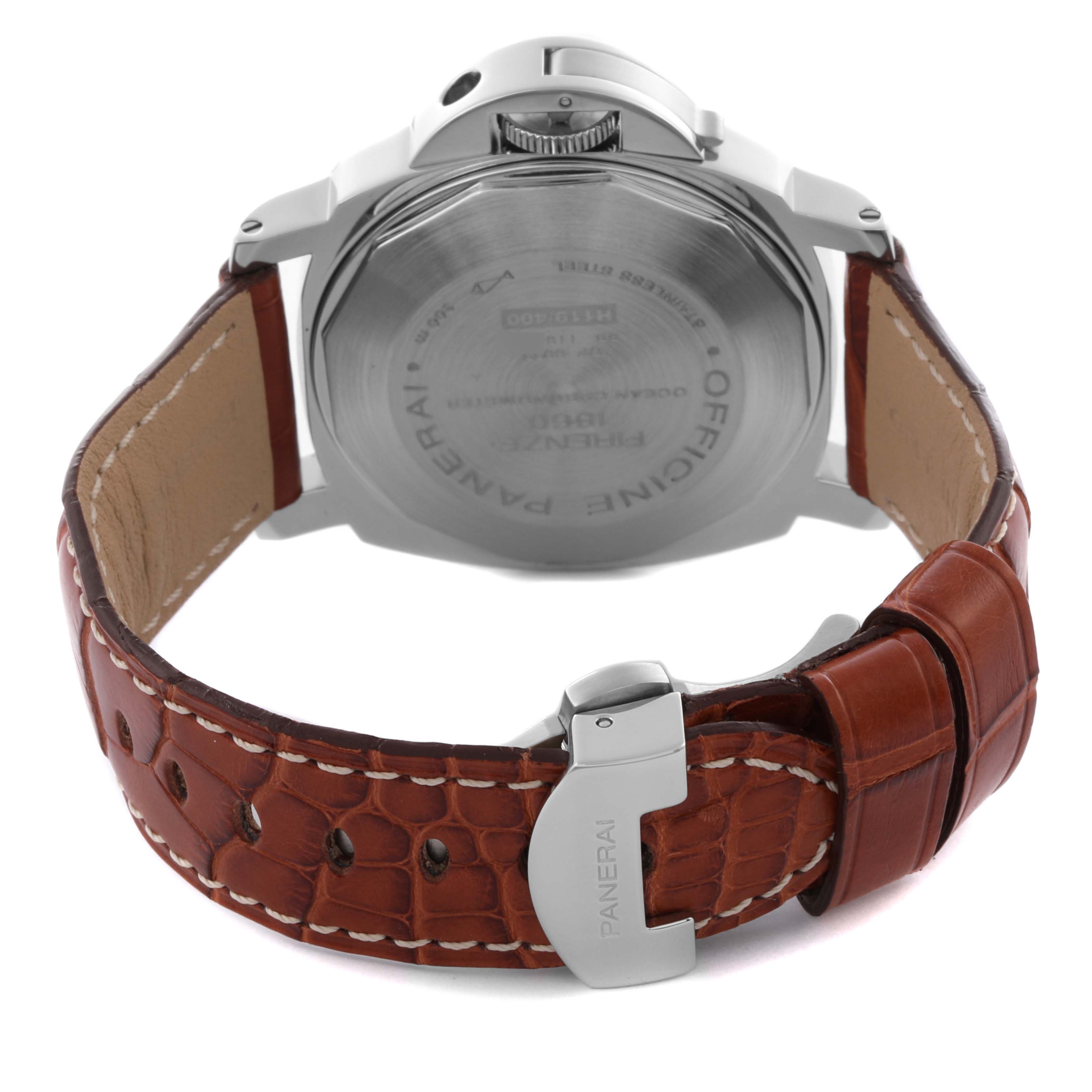 The image shows the back of a Panerai Luminor PAM00237 Men's Stainless Steel Black Dial PAM00237 Men's Stainless Steel Black Dial watch, highlighting the case back, crown guard, and leather strap.