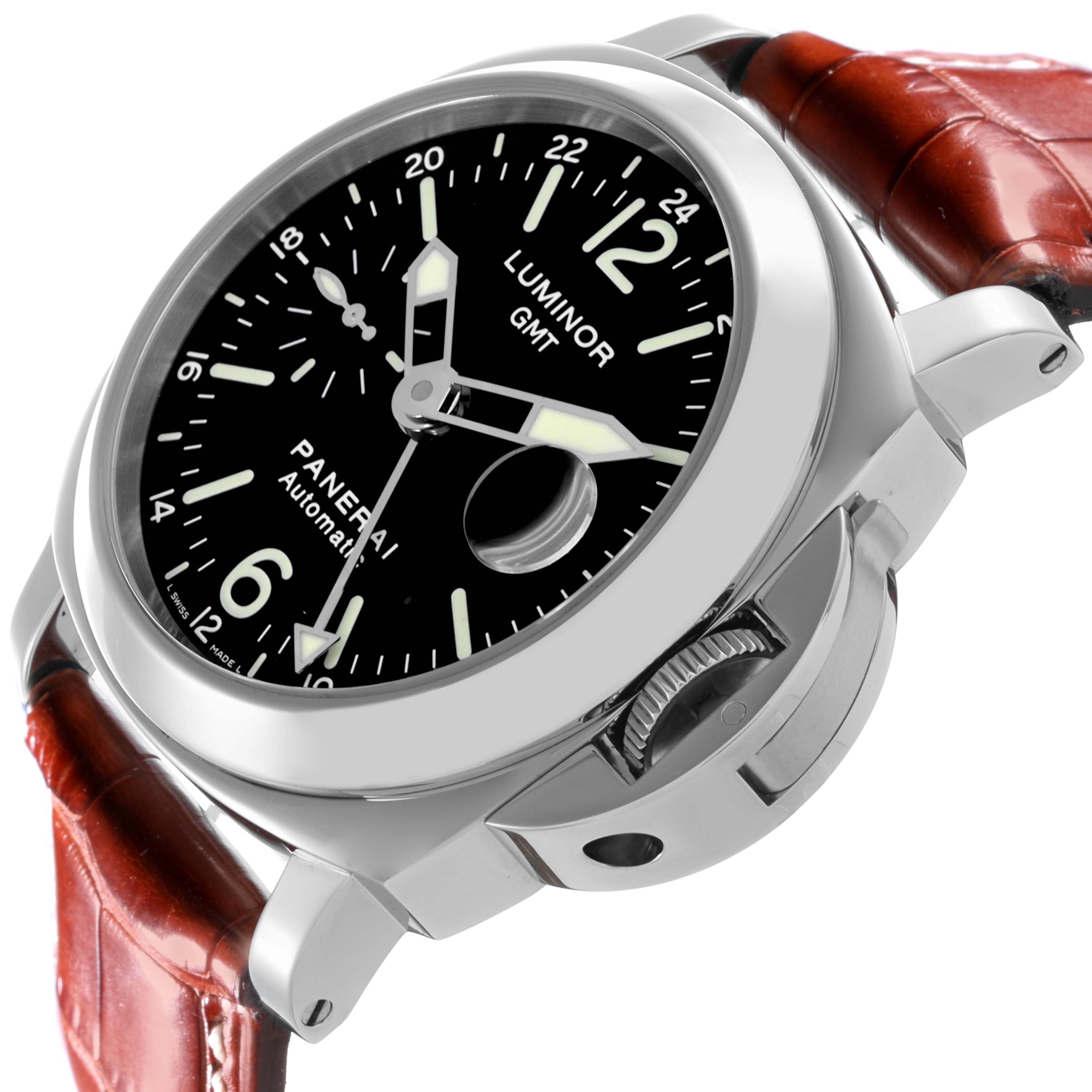 The Panerai Luminor PAM00237 Men's Stainless Steel Black Dial PAM00237 Men's Stainless Steel Black Dial watch is shown at an angled view, highlighting the face, crown guard, and strap attachment.