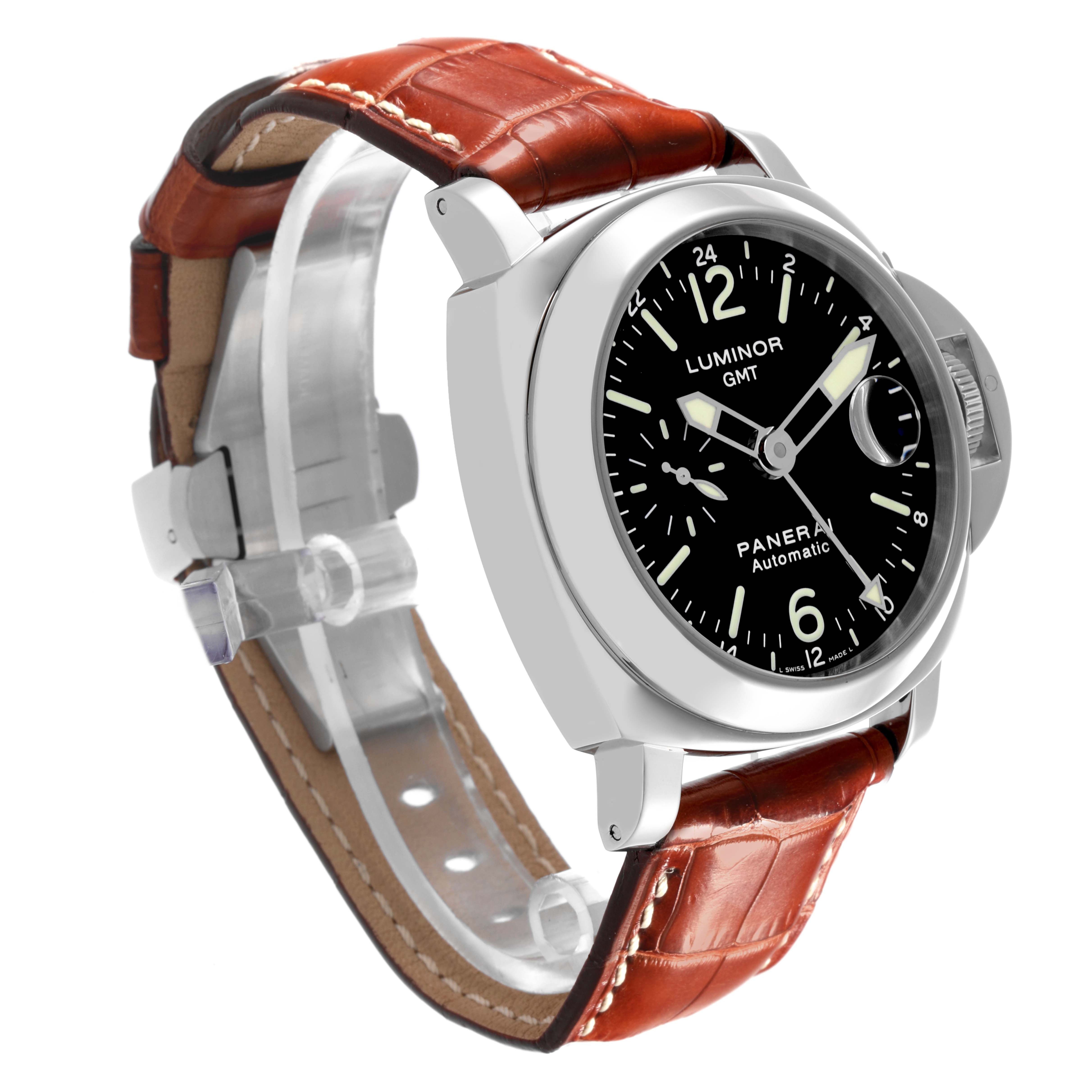 The Panerai Luminor PAM00237 Men's Stainless Steel Black Dial PAM00237 Men's Stainless Steel Black Dial watch is shown at a slight angle, detailing the face, crown guard, and brown leather strap.