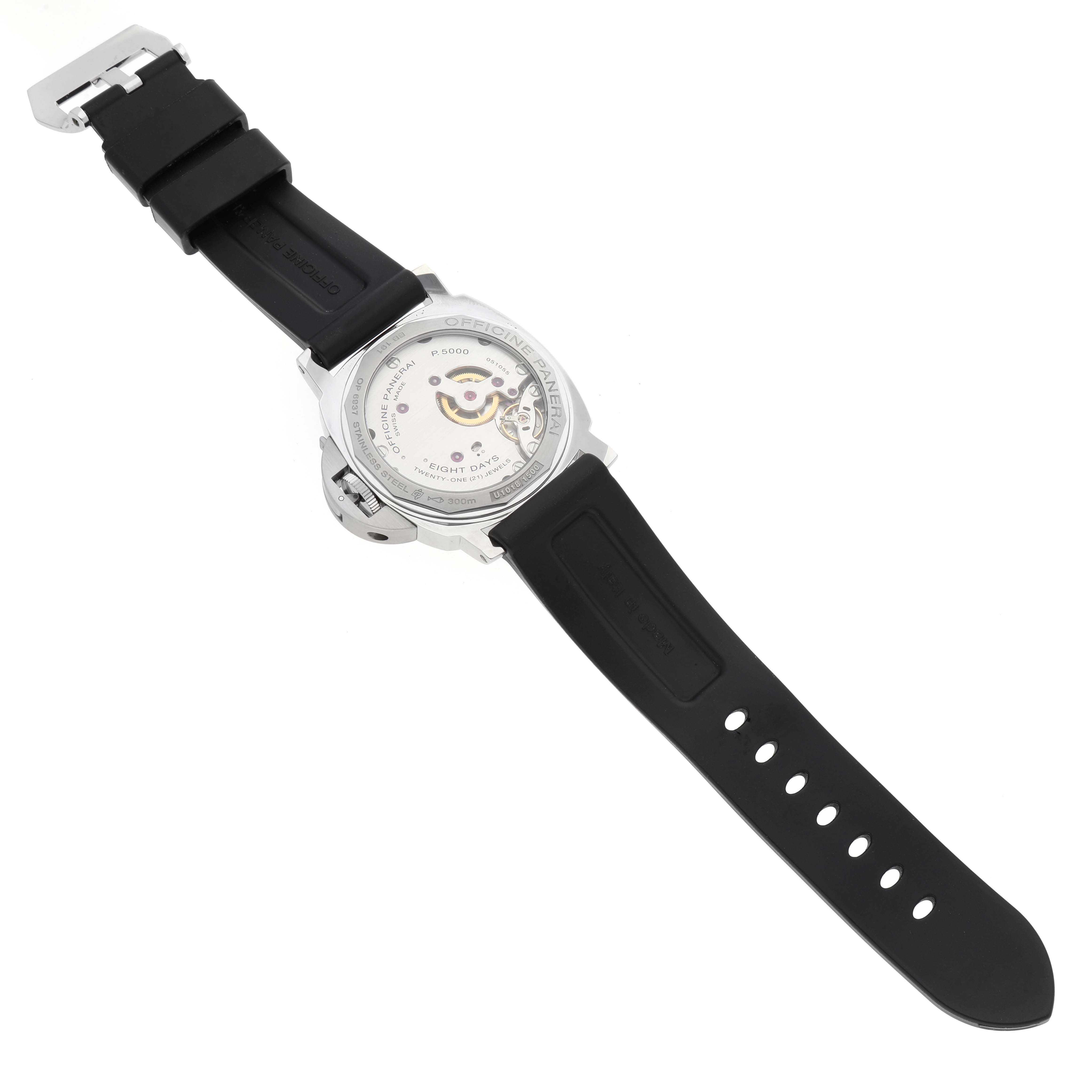 The image shows the back view of a Panerai Luminor PAM00510 Men's Stainless Steel Black Dial PAM00510 Men's Stainless Steel Black Dial watch, displaying its inner mechanism and black strap.