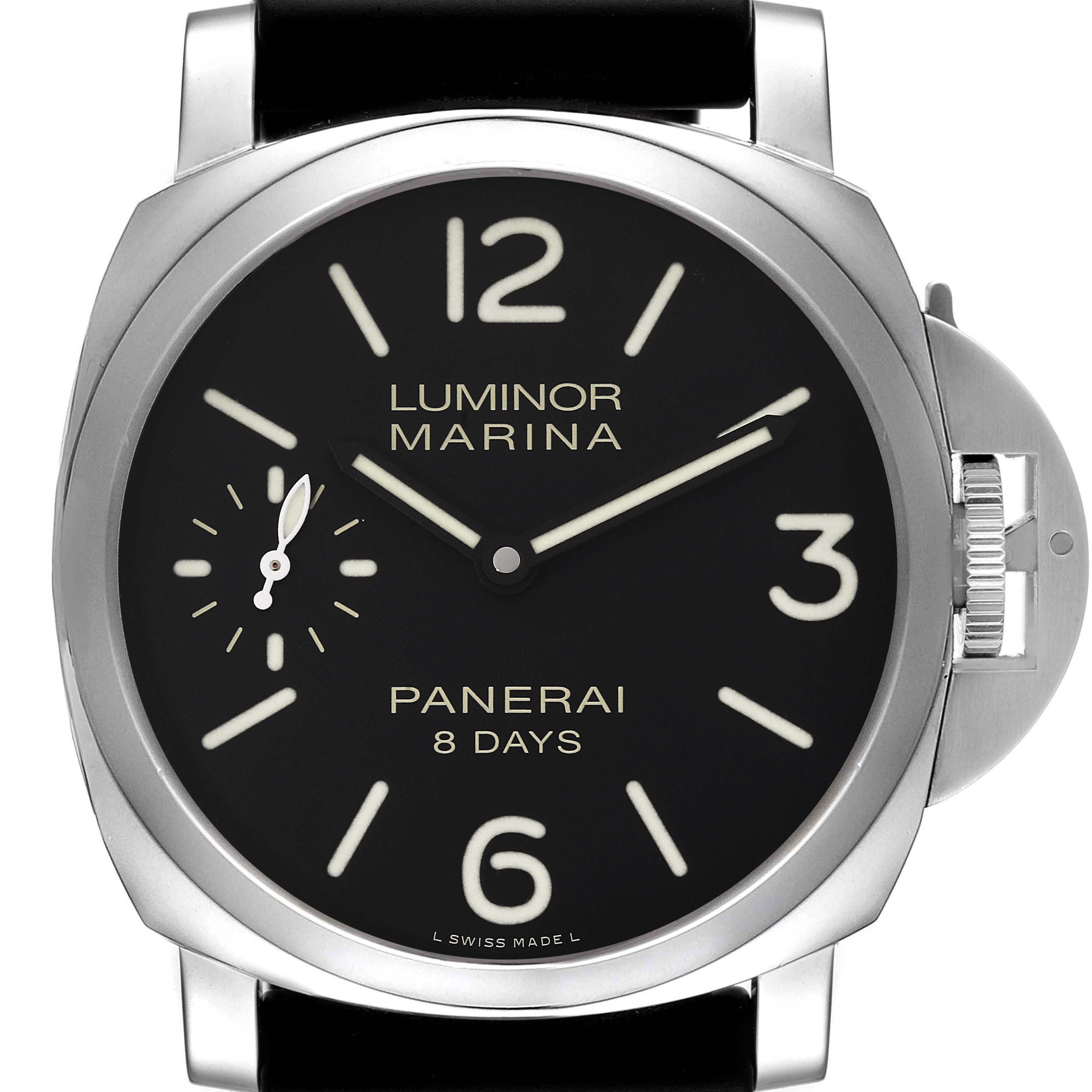 The image shows a front view of the Panerai Luminor PAM00510 Men's Stainless Steel Black Dial PAM00510 Men's Stainless Steel Black Dial Marina watch, featuring the dial and crown guard.