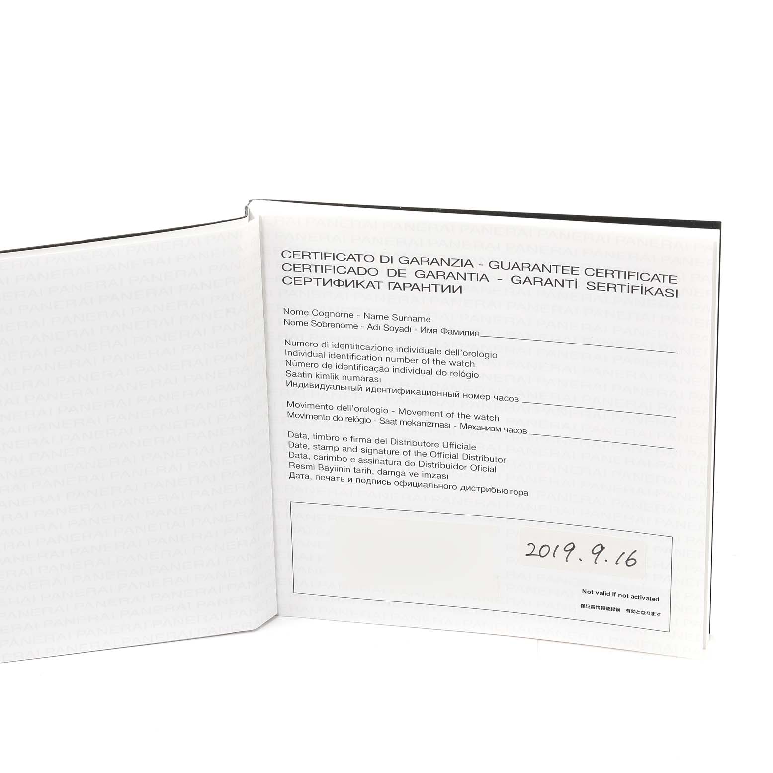 The image shows an open guarantee certificate booklet for the Panerai Luminor PAM00510 Men's Stainless Steel Black Dial PAM00510 Men's Stainless Steel Black Dial model watch.