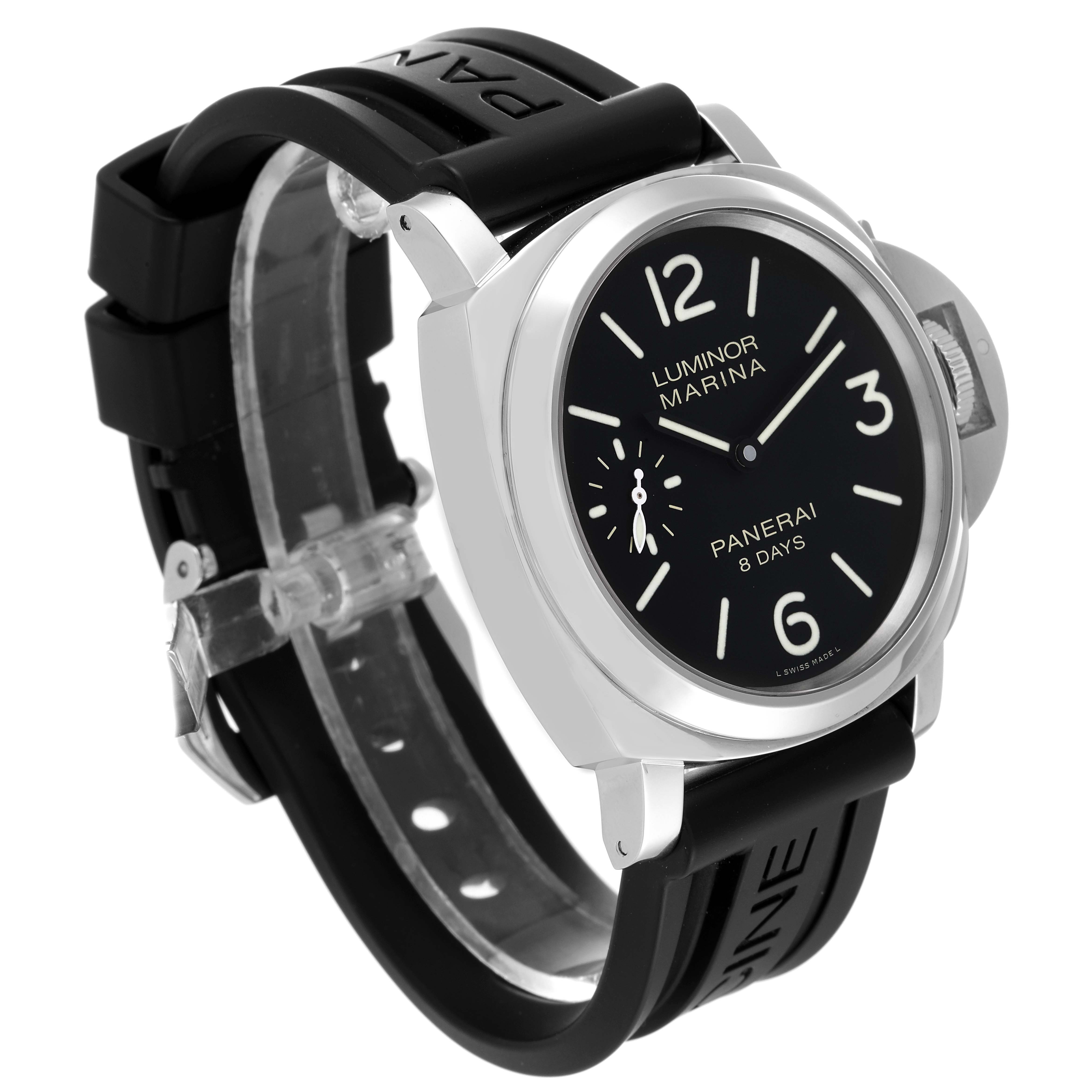 The image shows a side angle of a Panerai Luminor PAM00510 Men's Stainless Steel Black Dial PAM00510 Men's Stainless Steel Black Dial Marina watch, highlighting its black strap, dial, and crown guard.