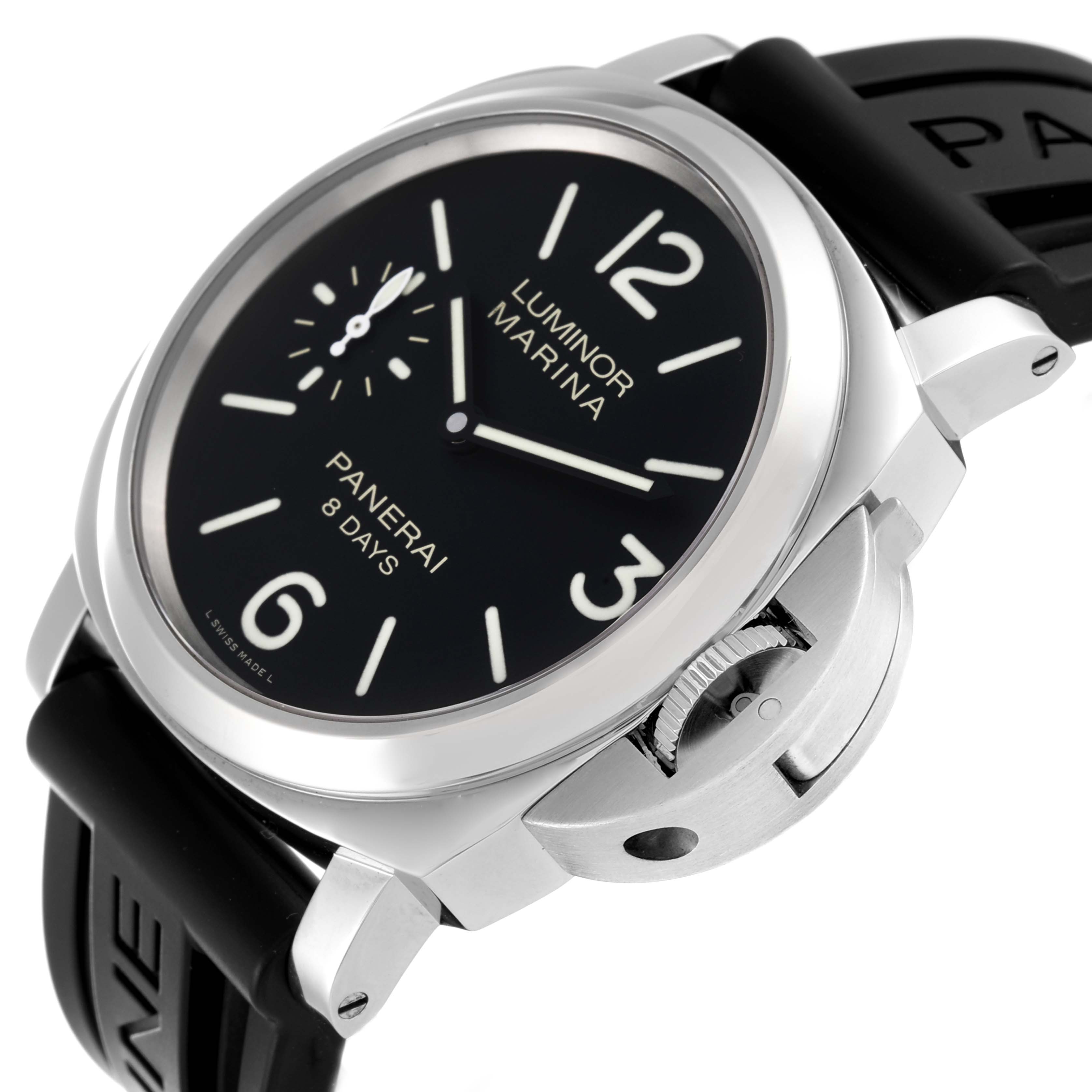 The Panerai Luminor PAM00510 Men's Stainless Steel Black Dial PAM00510 Men's Stainless Steel Black Dial Marina watch is shown from a three-quarter angle, highlighting its dial, case, crown guard, and strap.