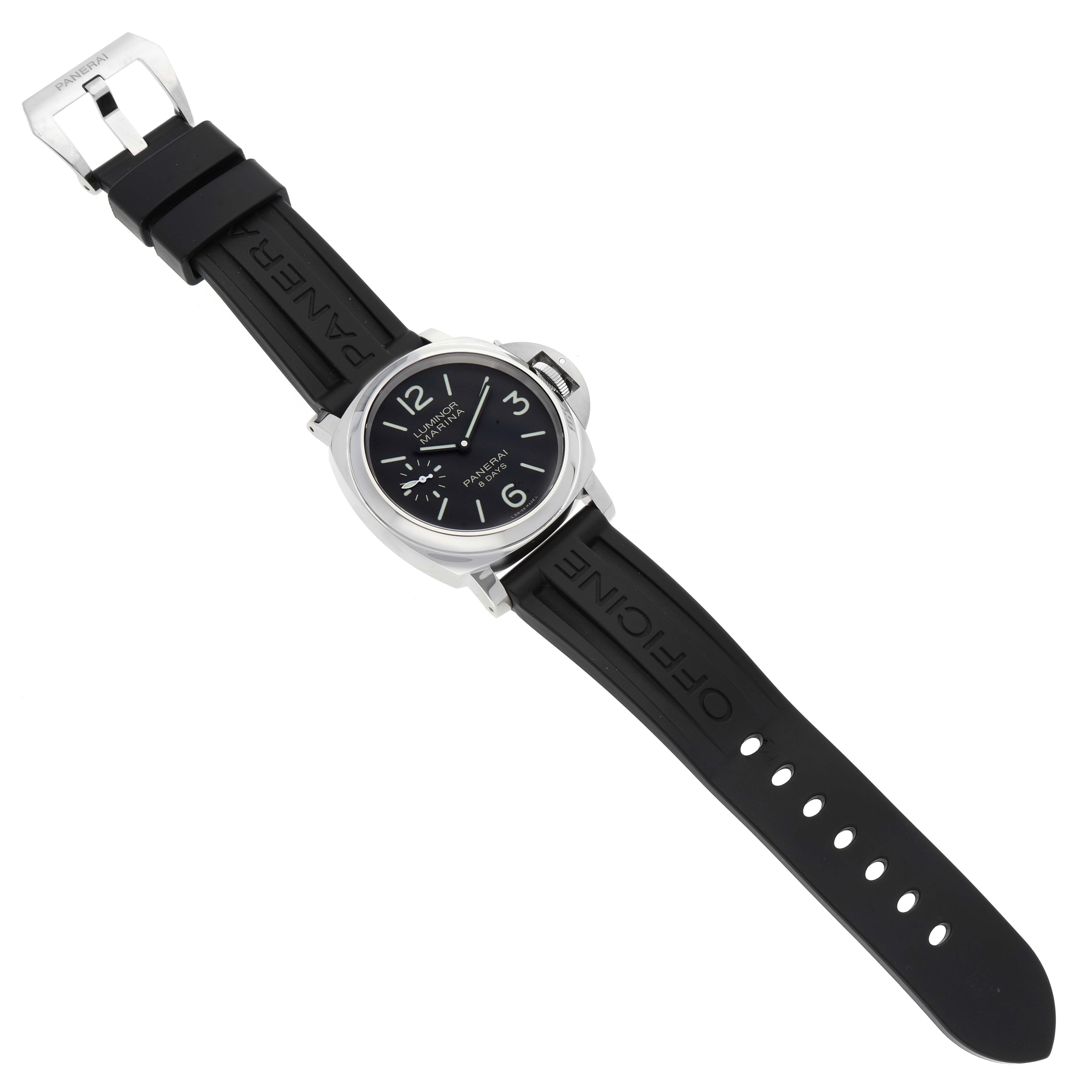 The image shows the Panerai Luminor PAM00510 Men's Stainless Steel Black Dial PAM00510 Men's Stainless Steel Black Dial watch model laid flat, displaying the face, strap, and buckle from an overhead angle.