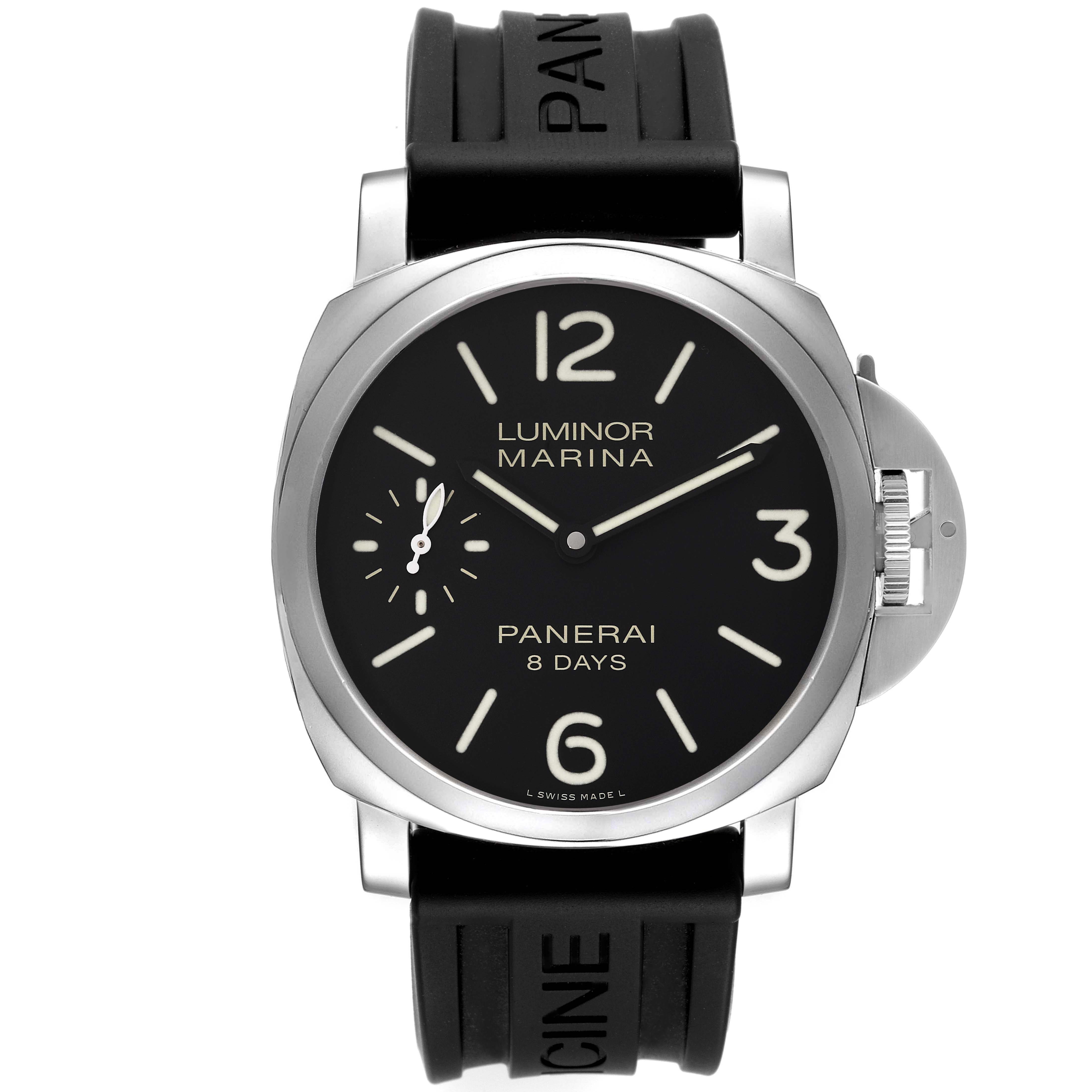 This image shows a front view of a Panerai Luminor PAM00510 Men's Stainless Steel Black Dial PAM00510 Men's Stainless Steel Black Dial Marina watch, highlighting its black dial and rubber strap.