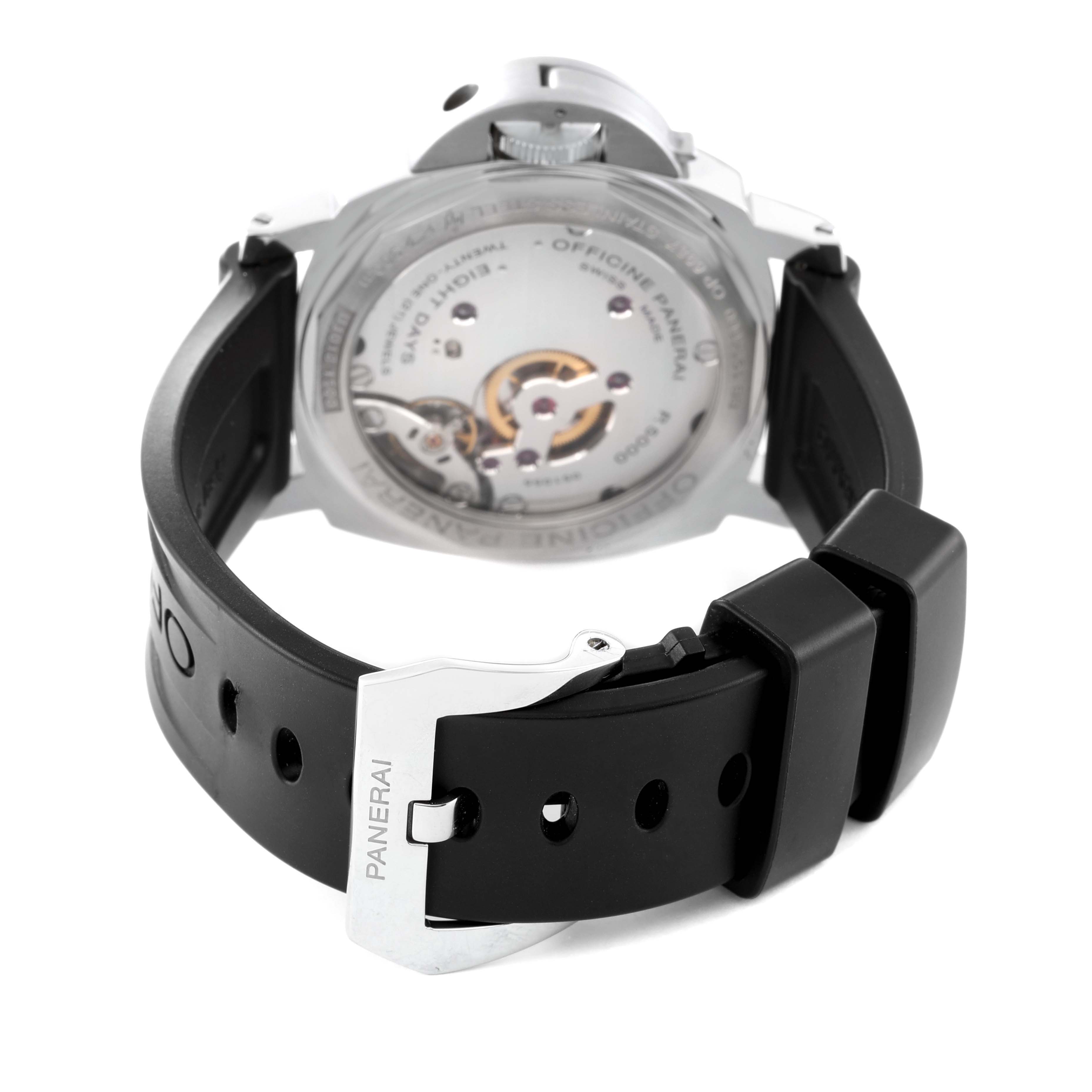 The image shows the backside and strap of a Panerai Luminor PAM00510 Men's Stainless Steel Black Dial PAM00510 Men's Stainless Steel Black Dial watch, highlighting the movement and buckle.
