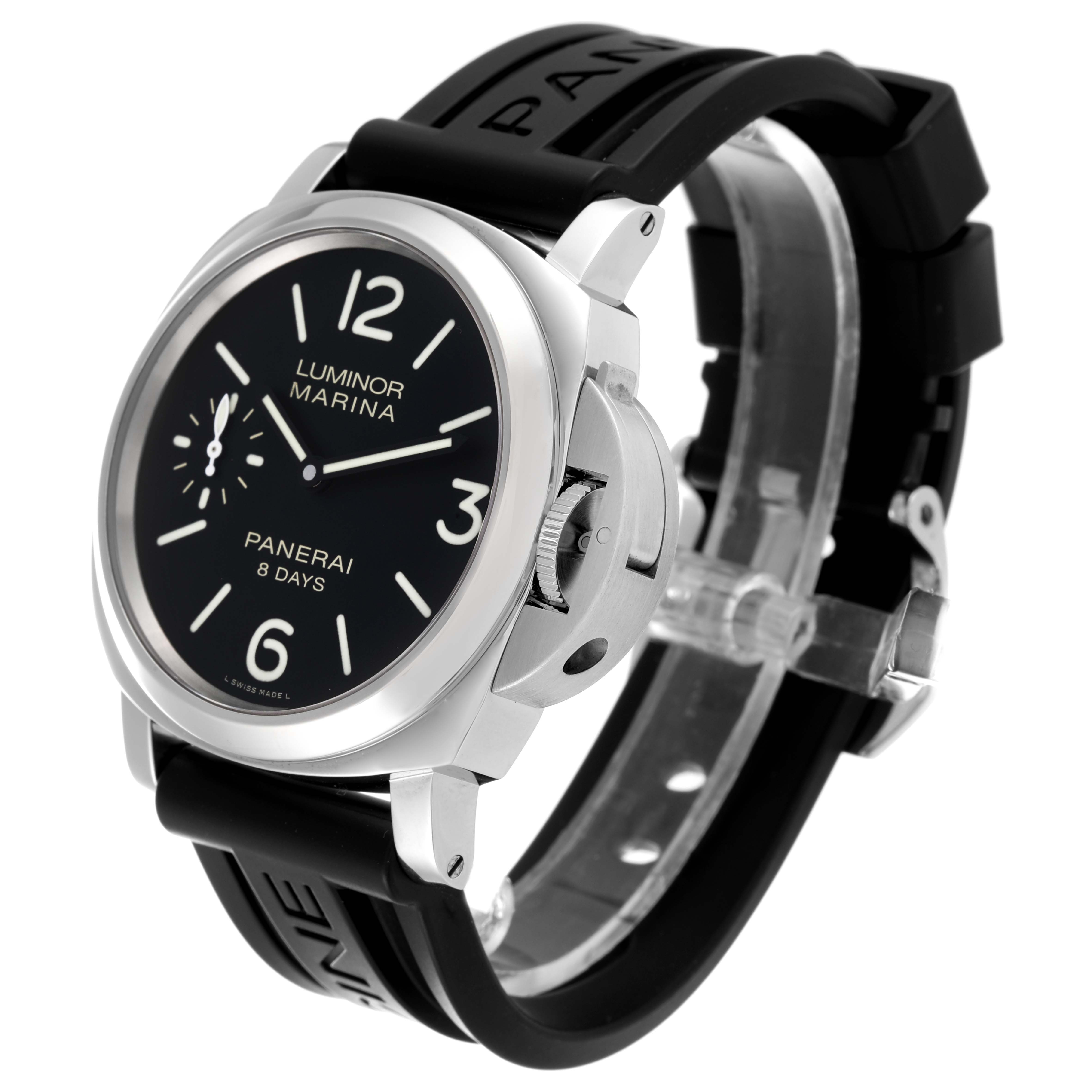 The image shows a Panerai Luminor PAM00510 Men's Stainless Steel Black Dial PAM00510 Men's Stainless Steel Black Dial Marina watch from a front-side angle, highlighting the dial, bezel, and strap.