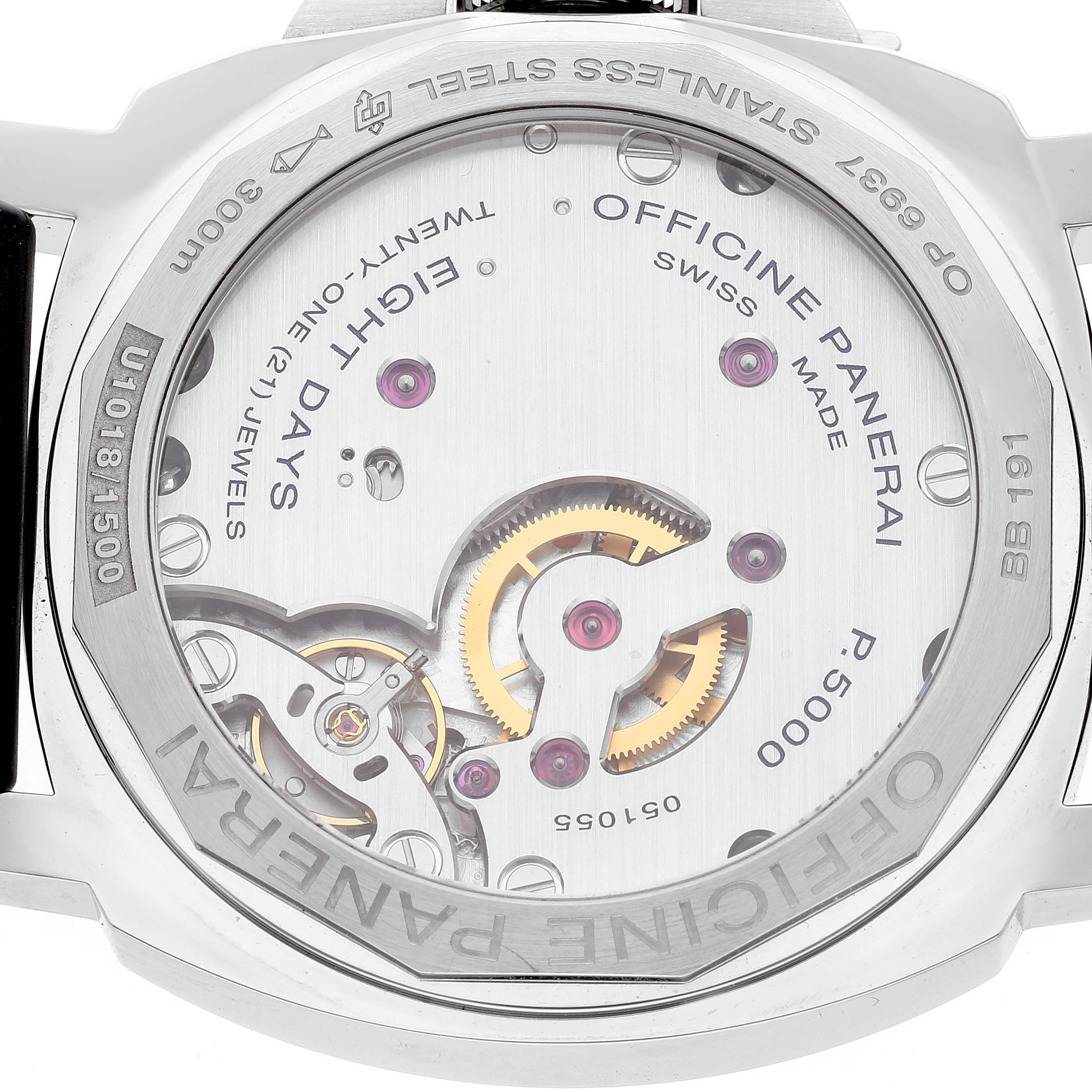 The image shows the back view of the Panerai Luminor PAM00510 Men's Stainless Steel Black Dial PAM00510 Men's Stainless Steel Black Dial watch, highlighting its P.5000 movement and internal mechanism.