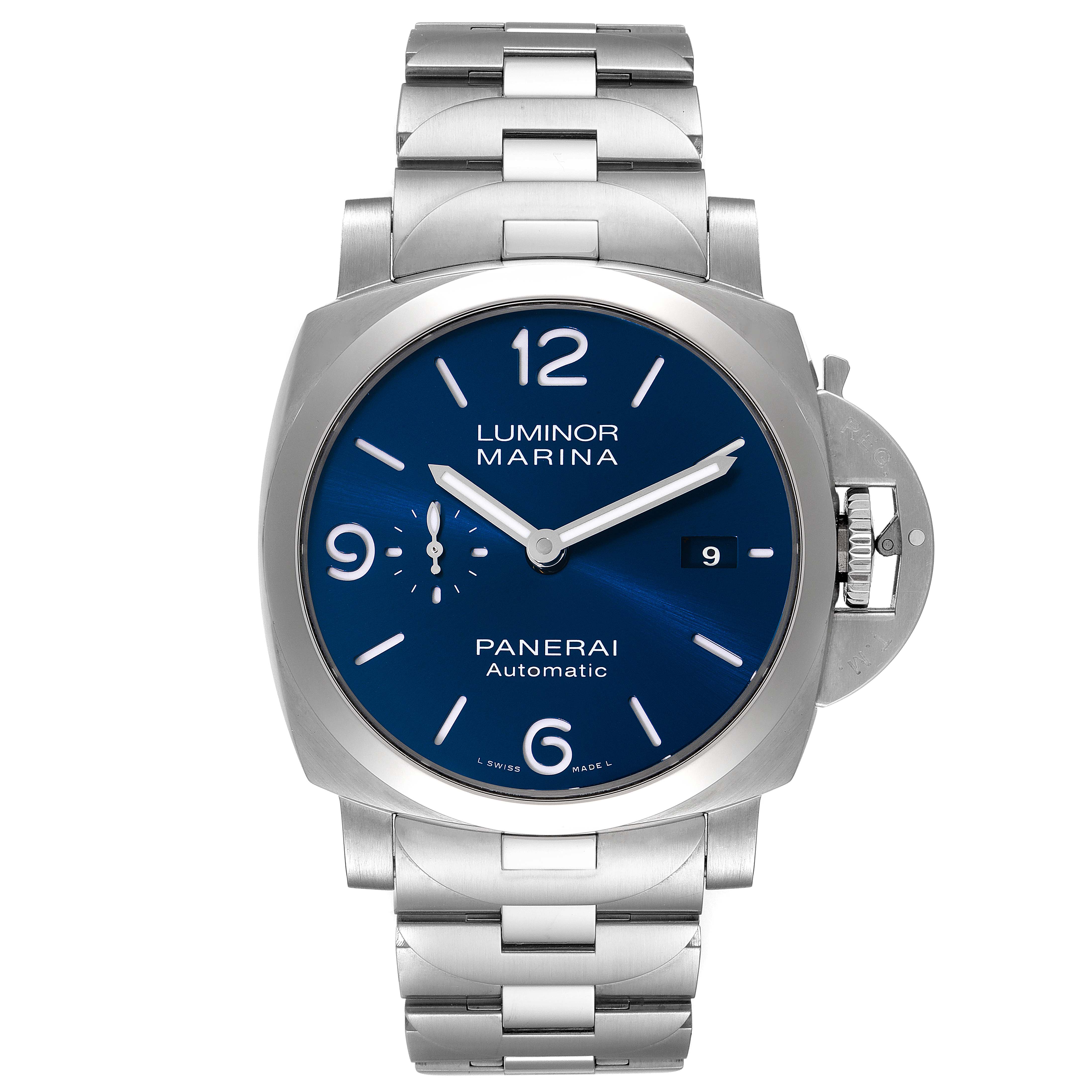 The image shows a front view of the Panerai Luminor PAM01316 Men's Stainless Steel Blue Dial PAM01316 Men's Stainless Steel Blue Dial model watch, emphasizing its blue dial and metal bracelet.