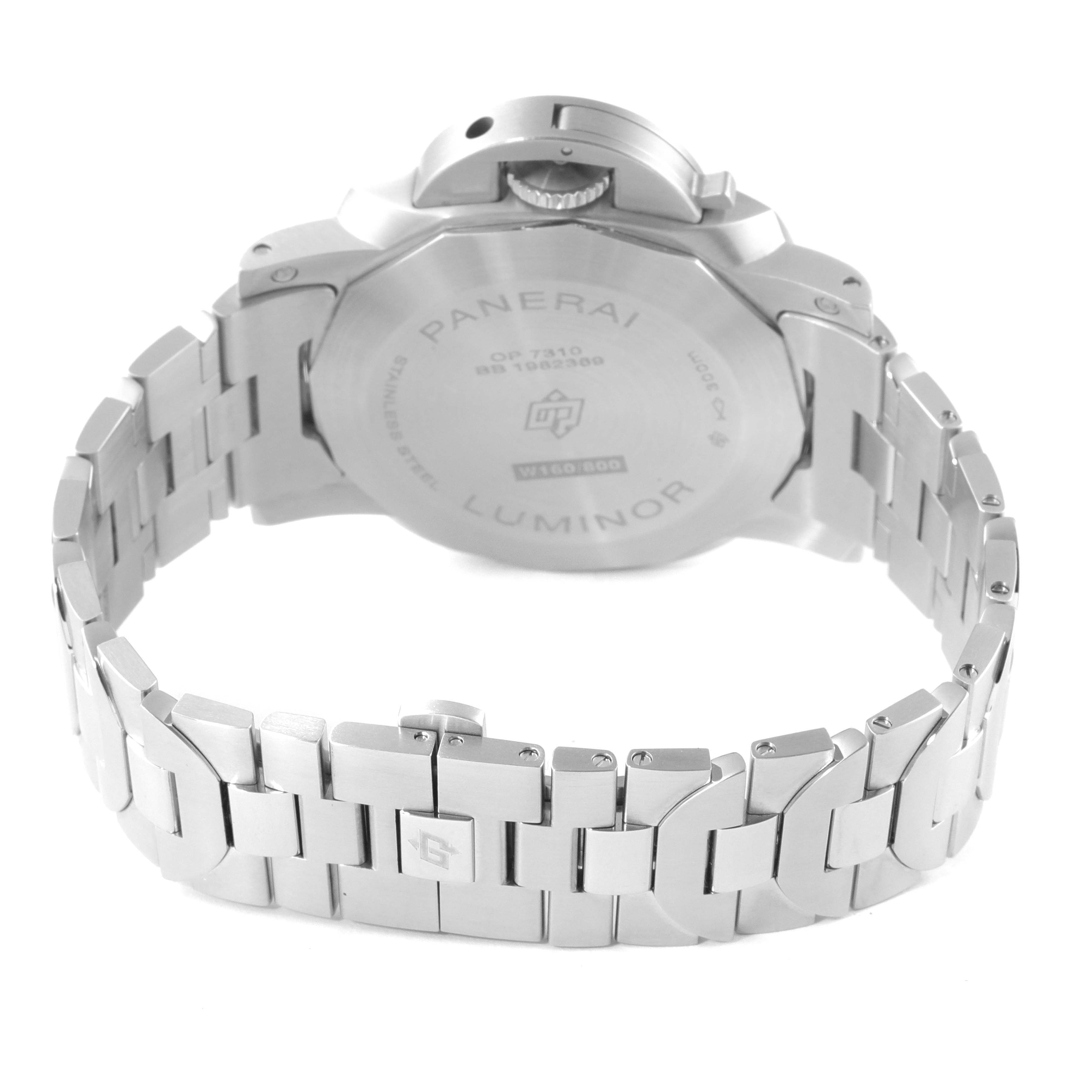 The image shows the back case and bracelet of a Panerai Luminor PAM01316 Men's Stainless Steel Blue Dial PAM01316 Men's Stainless Steel Blue Dial watch at an angled rear view.