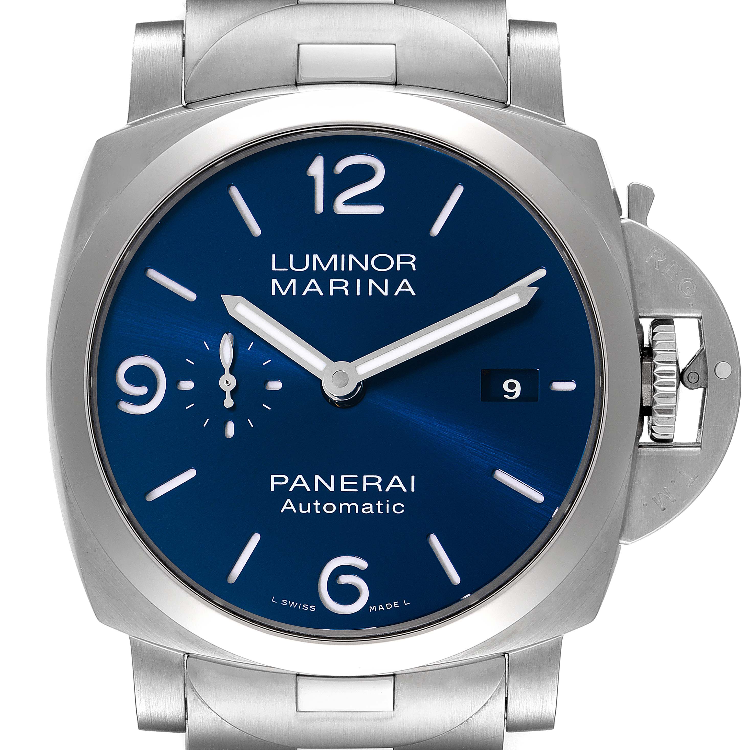 This Luminor model by Panerai is shown from a front angle, highlighting the blue dial, date display, and stainless steel bracelet.