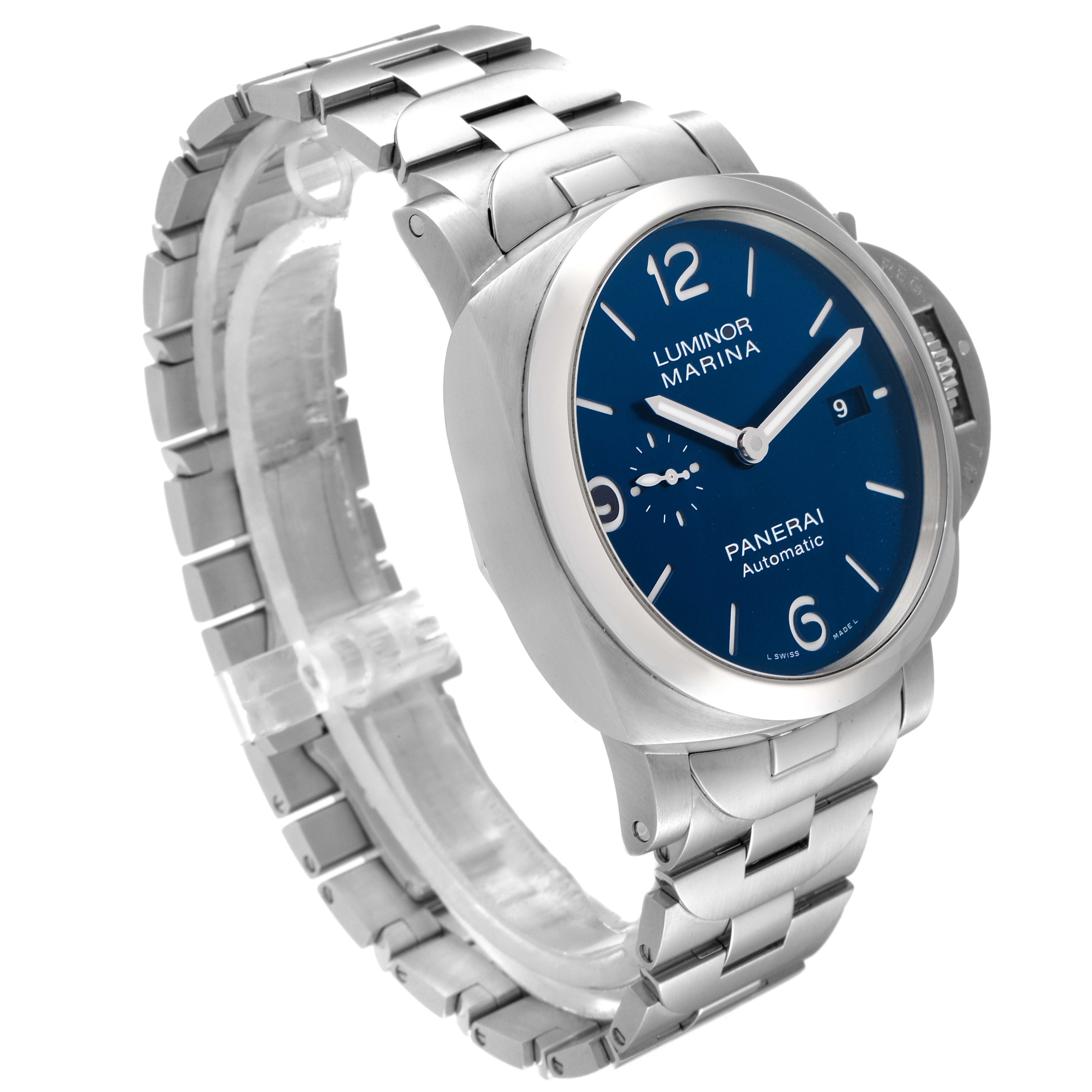 The image shows a Panerai Luminor PAM01316 Men's Stainless Steel Blue Dial PAM01316 Men's Stainless Steel Blue Dial watch at a three-quarter angle, highlighting its blue dial, steel case, and bracelet.