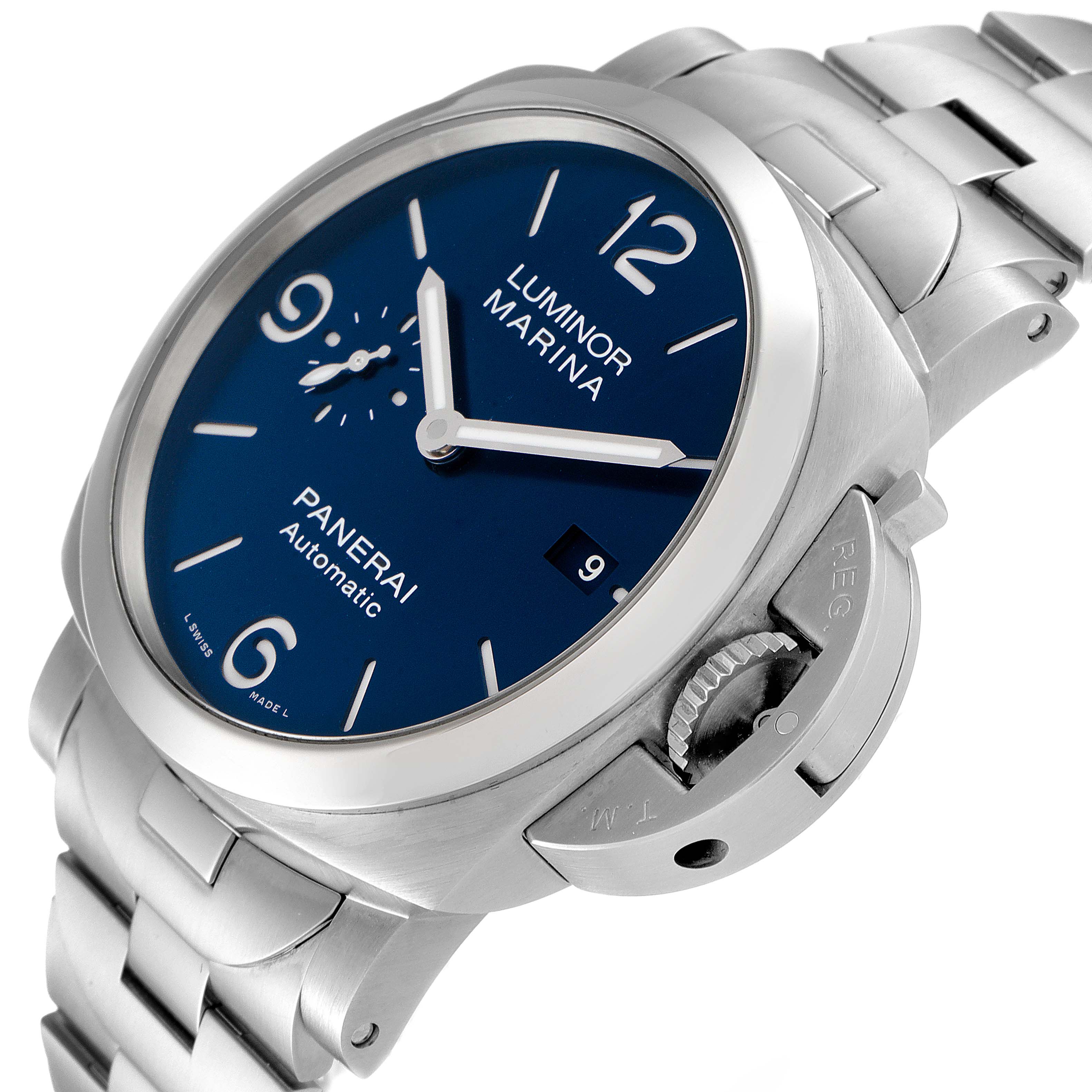 The image shows a Panerai Luminor PAM01316 Men's Stainless Steel Blue Dial PAM01316 Men's Stainless Steel Blue Dial Marina watch from an angled side view, highlighting the dial, crown, and bracelet.
