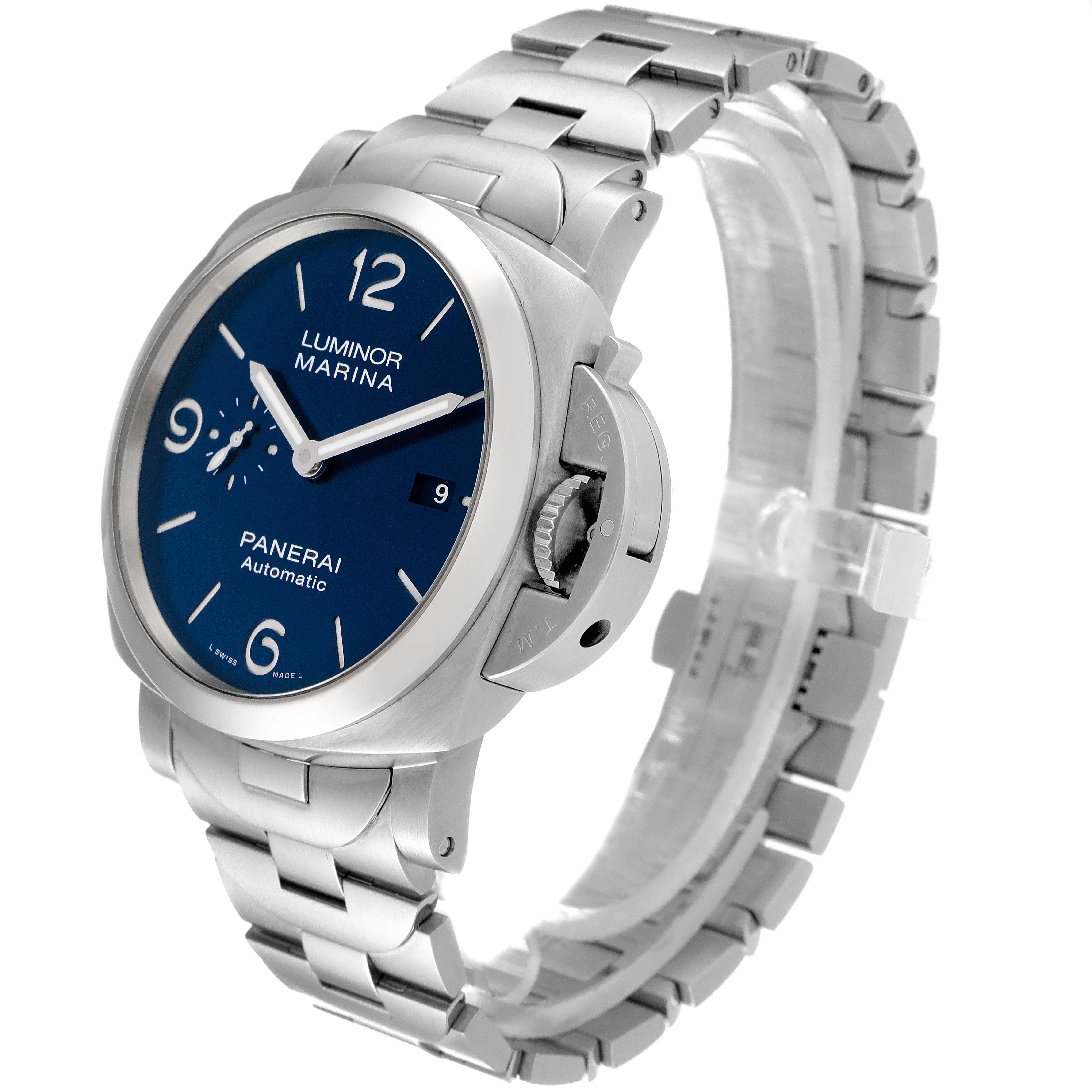 This Panerai Luminor PAM01316 Men's Stainless Steel Blue Dial PAM01316 Men's Stainless Steel Blue Dial watch is shown from an angled top view, highlighting its face, crown guard, and metal bracelet.