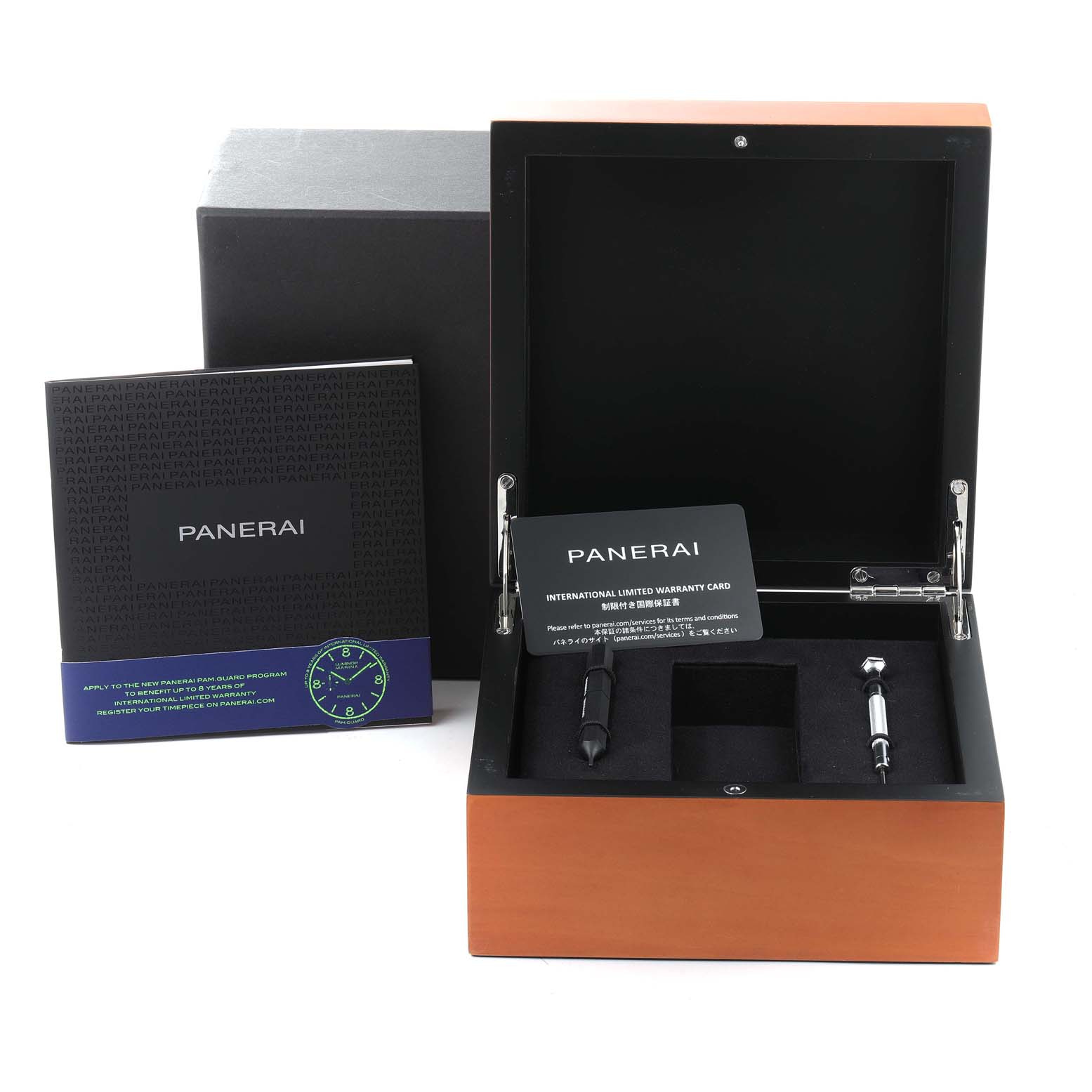 The image shows the open box of the Panerai Luminor PAM01316 Men's Stainless Steel Blue Dial PAM01316 Men's Stainless Steel Blue Dial watch with warranty cards and tools.