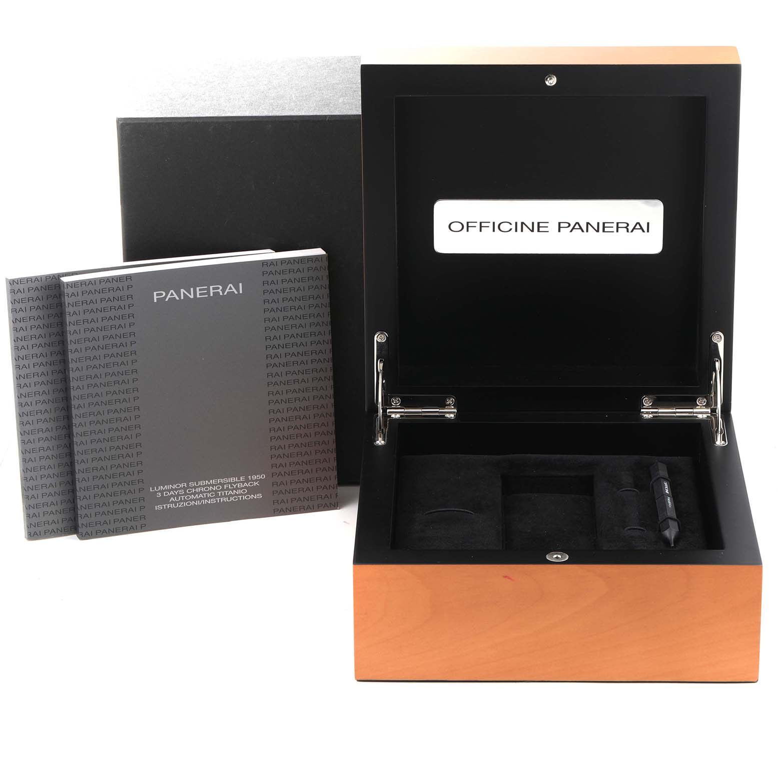 The image shows a Panerai Submersible PAM00614 Men's Titanium Black Dial PAM00614 Men's Titanium Black Dial watch box with a tool and manuals, open at a frontal angle.