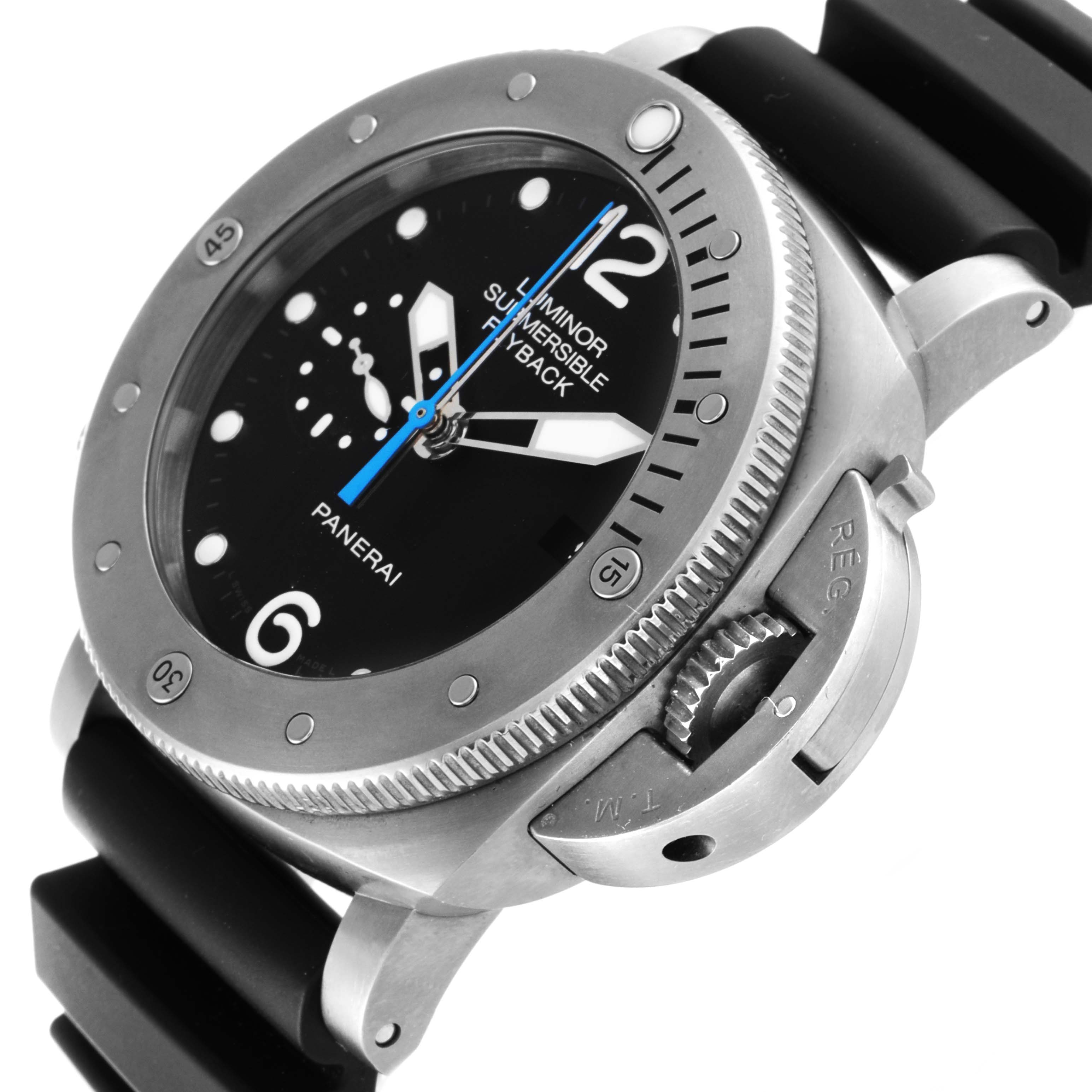 The Panerai Submersible PAM00614 Men's Titanium Black Dial PAM00614 Men's Titanium Black Dial watch is shown at an angle highlighting the bezel, dial, crown guard, and a portion of the strap.