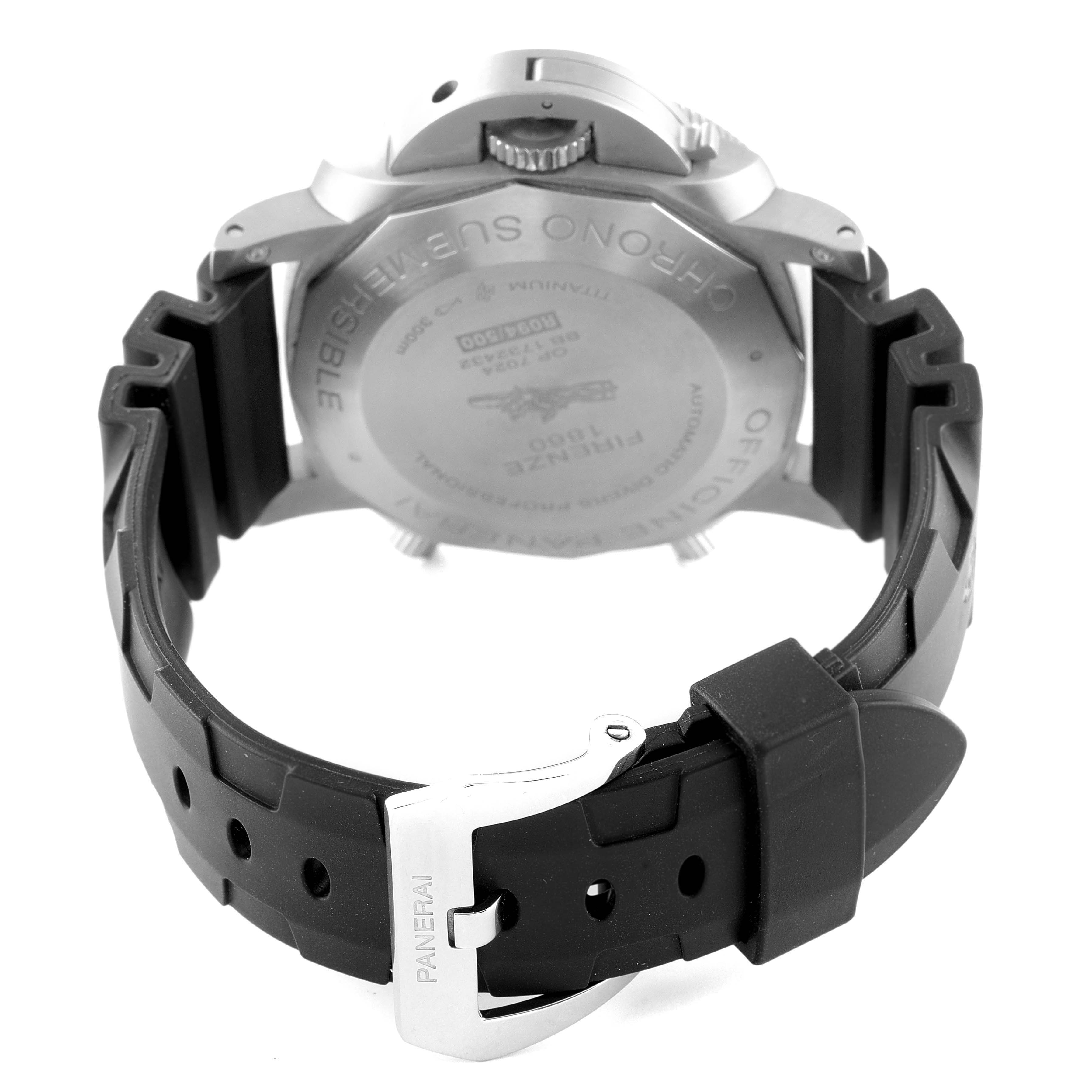 The image shows the back view of a Panerai Submersible PAM00614 Men's Titanium Black Dial PAM00614 Men's Titanium Black Dial watch, highlighting its case back and rubber strap with a metal buckle.