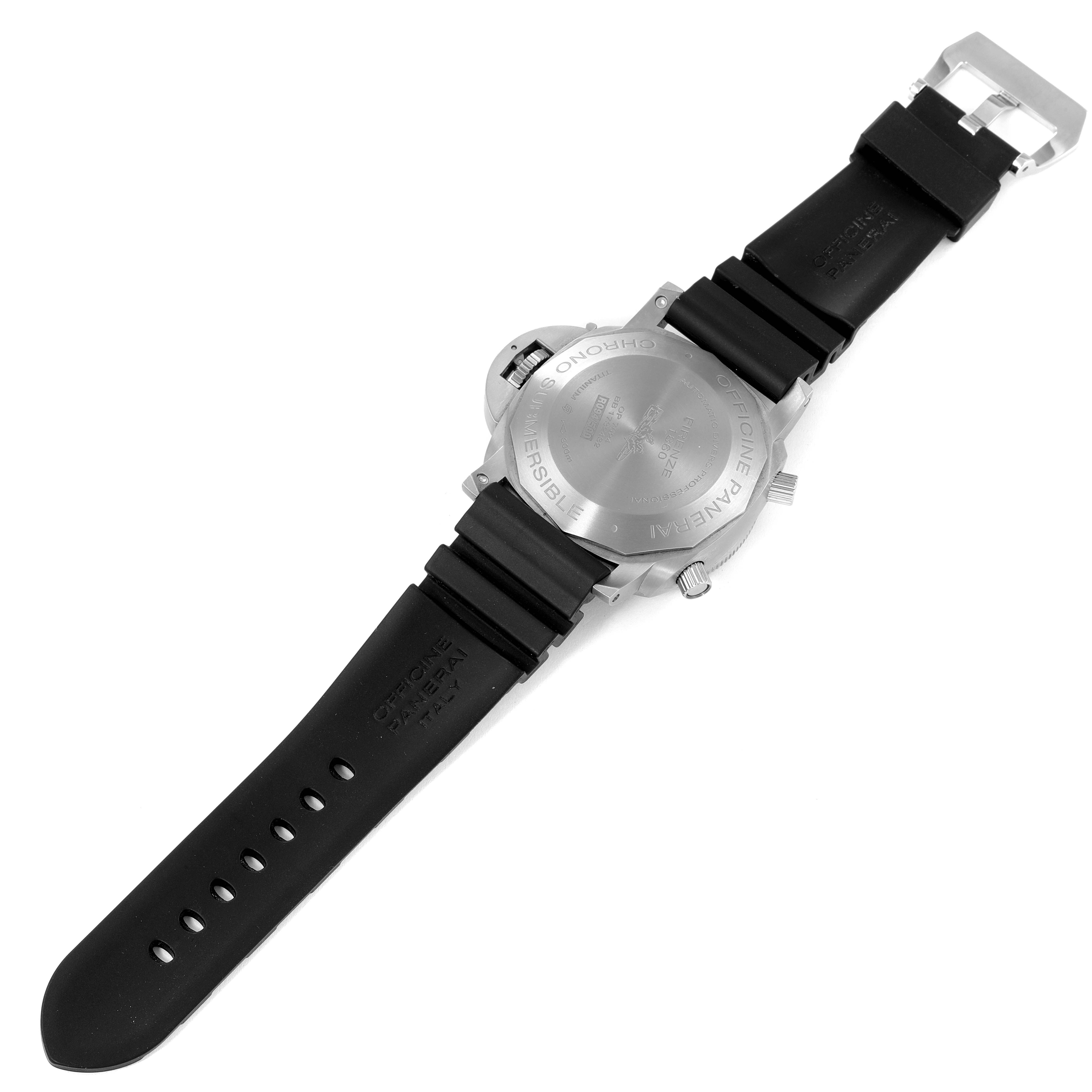 This image shows the back and strap of a Panerai Submersible PAM00614 Men's Titanium Black Dial PAM00614 Men's Titanium Black Dial watch from a top-down angle.