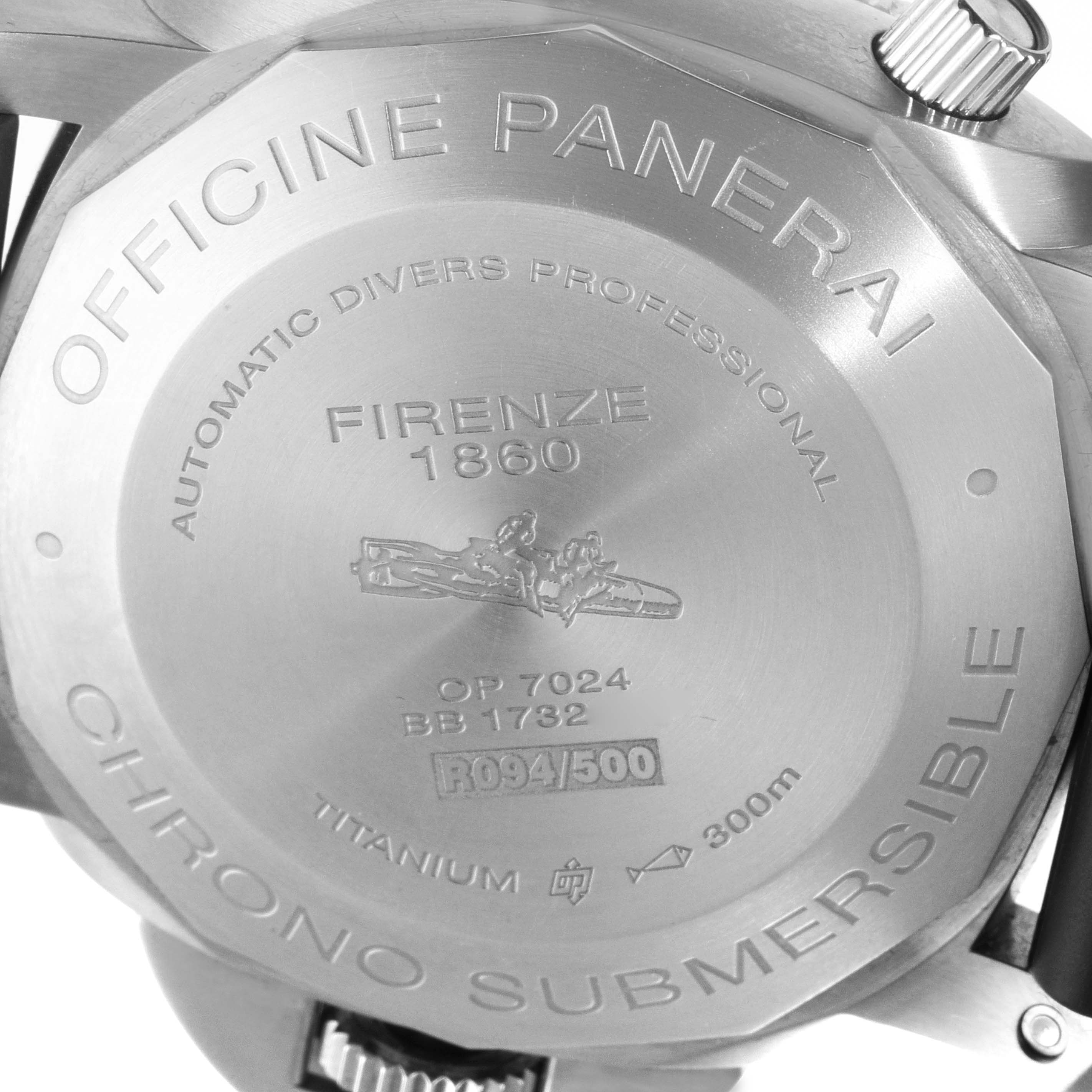 The image shows the back case of a Panerai Submersible PAM00614 Men's Titanium Black Dial PAM00614 Men's Titanium Black Dial watch, highlighting its engravings and titanium material.