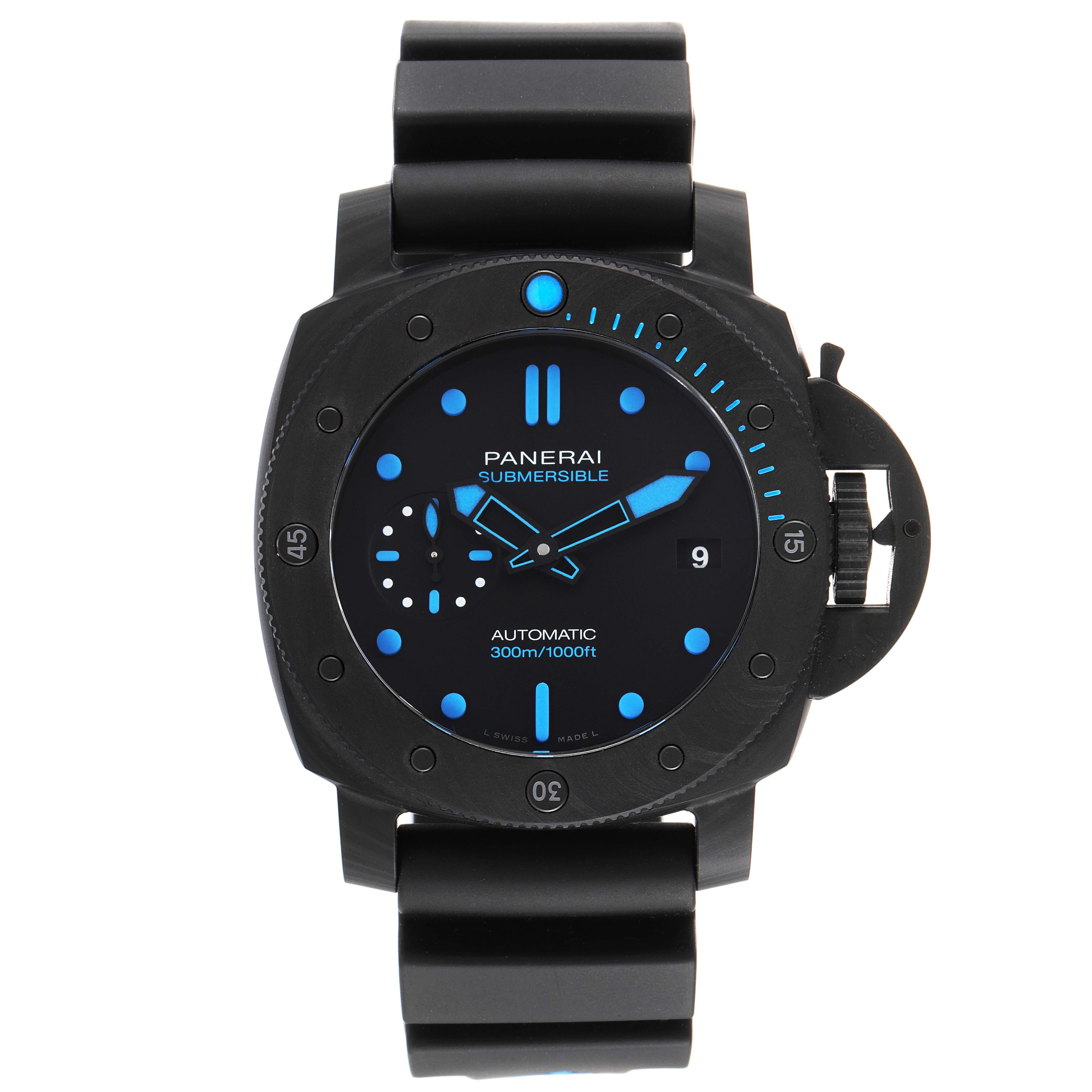 The image shows a front view of the Panerai Submersible PAM00960 Men
s Ceramic Black Dial PAM00960 Men
s Ceramic Black Dial watch, displaying the dial, bezel, and strap.