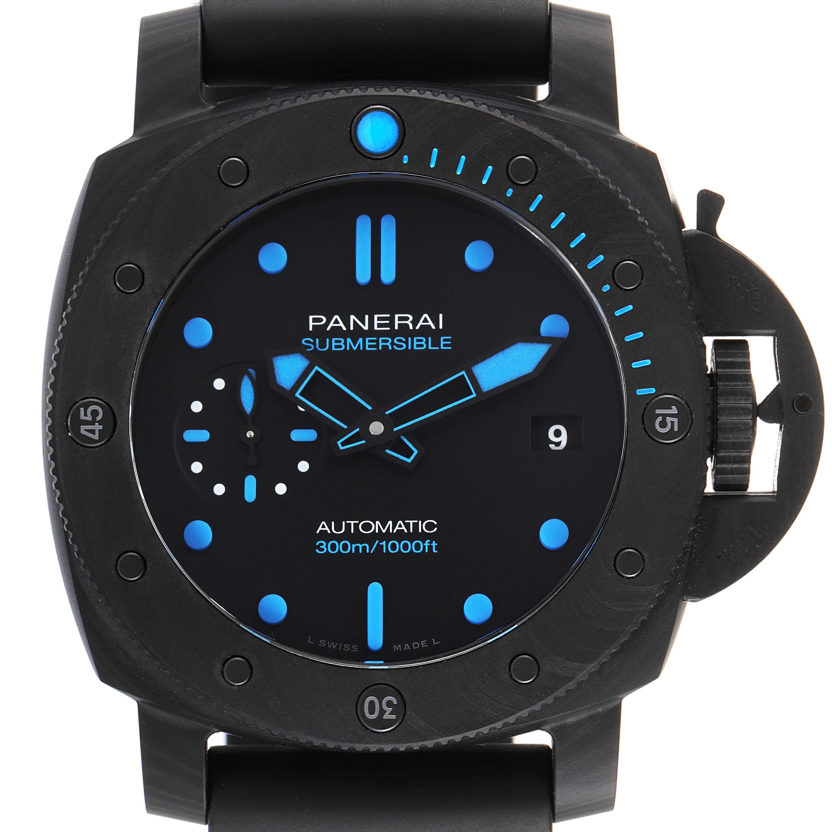 The image shows a front view of the Panerai Submersible PAM00960 Men
s Ceramic Black Dial PAM00960 Men
s Ceramic Black Dial watch, highlighting the dial, hands, and bezel.