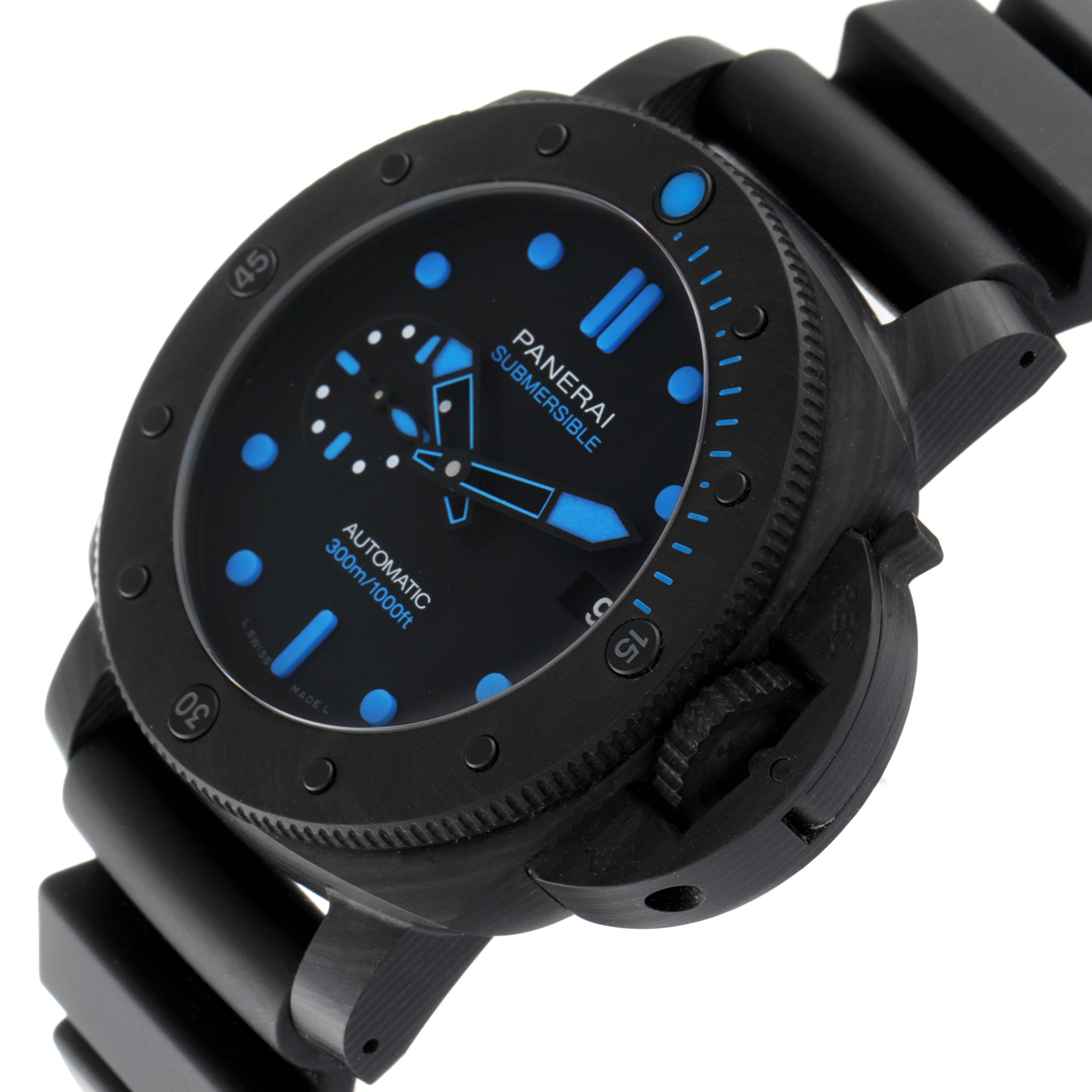 The image shows a Panerai Submersible PAM00960 Men
s Ceramic Black Dial PAM00960 Men
s Ceramic Black Dial watch at an oblique angle, highlighting its dial, bezel, and part of the strap.