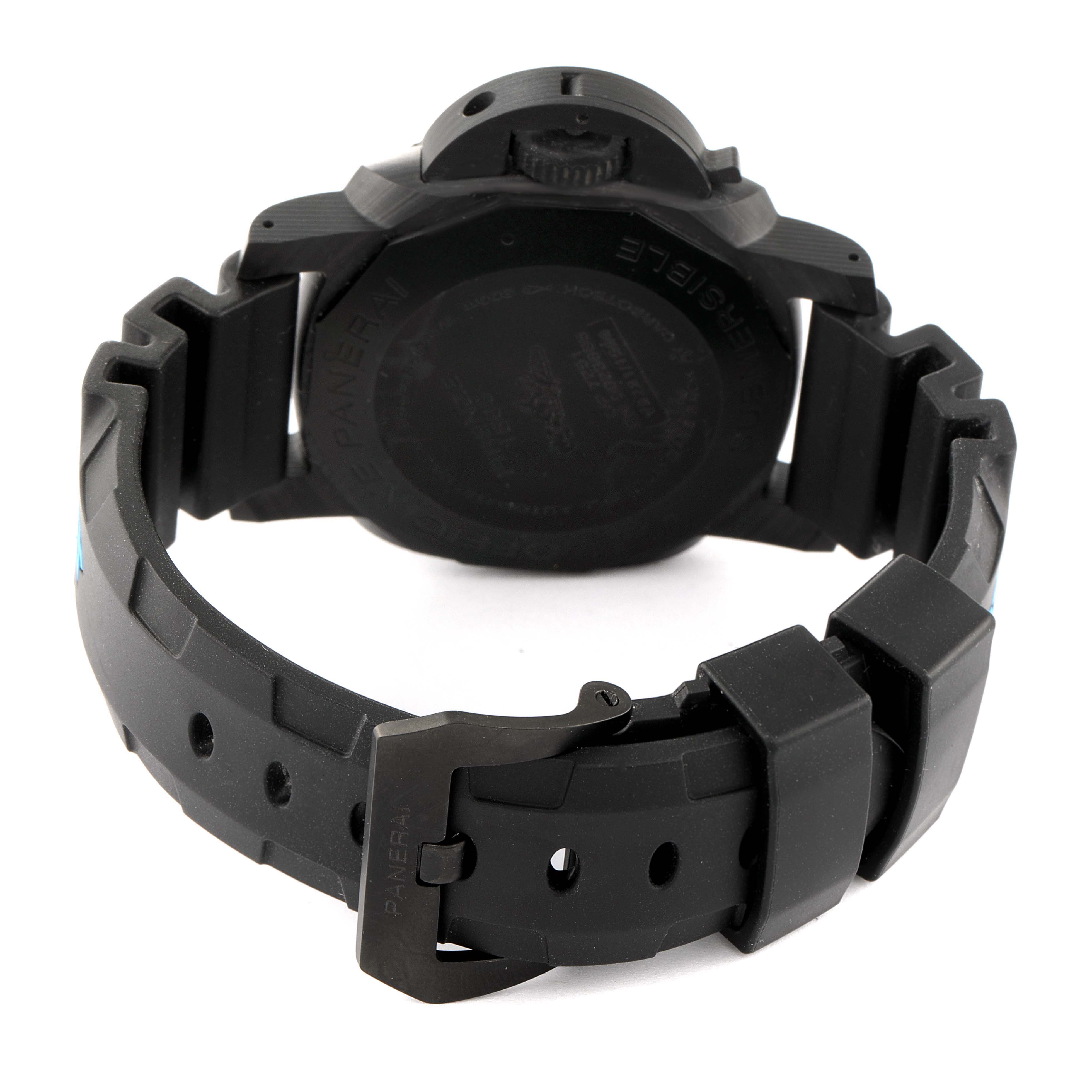 The image shows the back and clasp of the Panerai Submersible PAM00960 Men
s Ceramic Black Dial PAM00960 Men
s Ceramic Black Dial watch, highlighting its black strap and buckle.