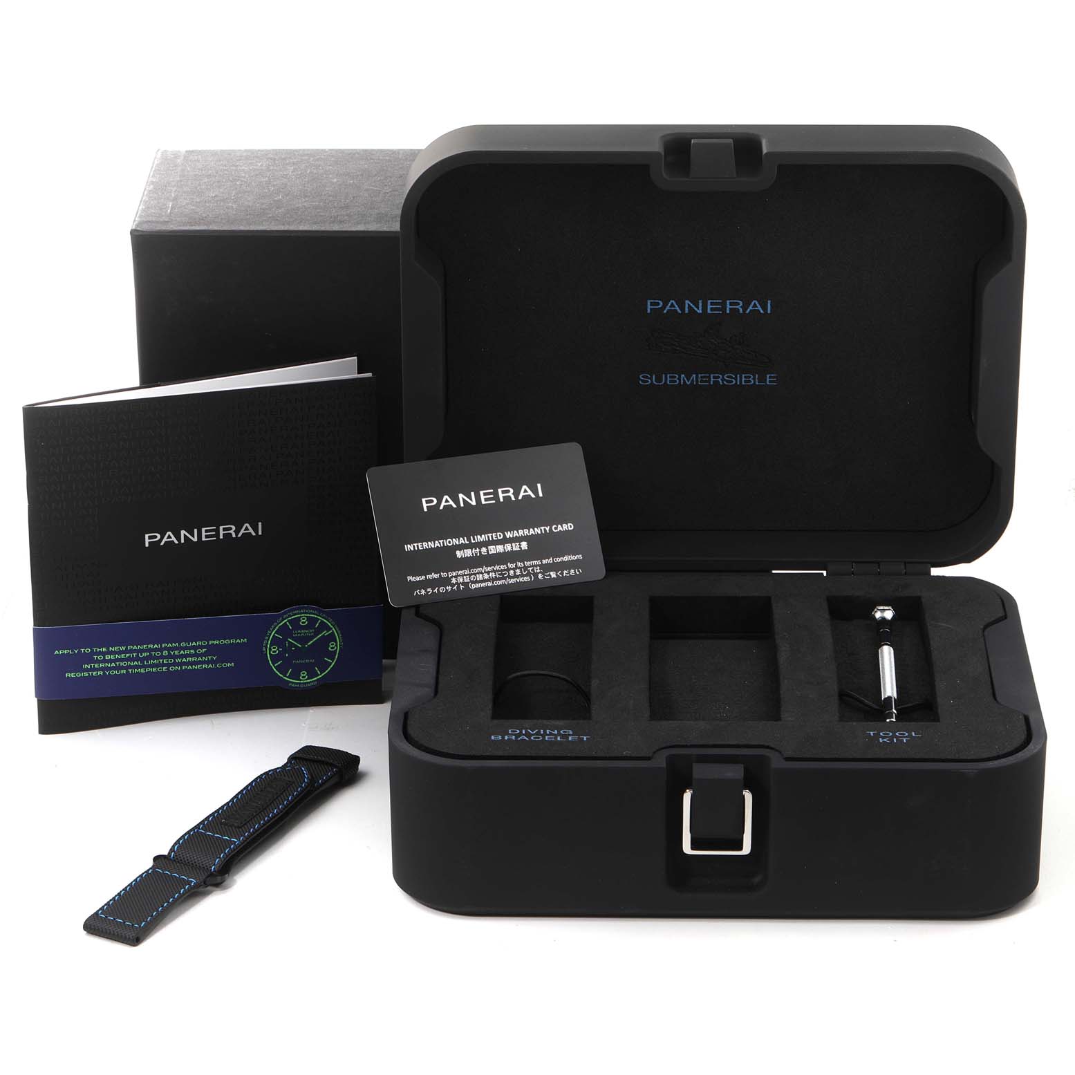 The image shows a top-down view of the Panerai Submersible PAM00960 Men
s Ceramic Black Dial PAM00960 Men
s Ceramic Black Dial watch packaging and accessories, including a case, strap, and warranty card.