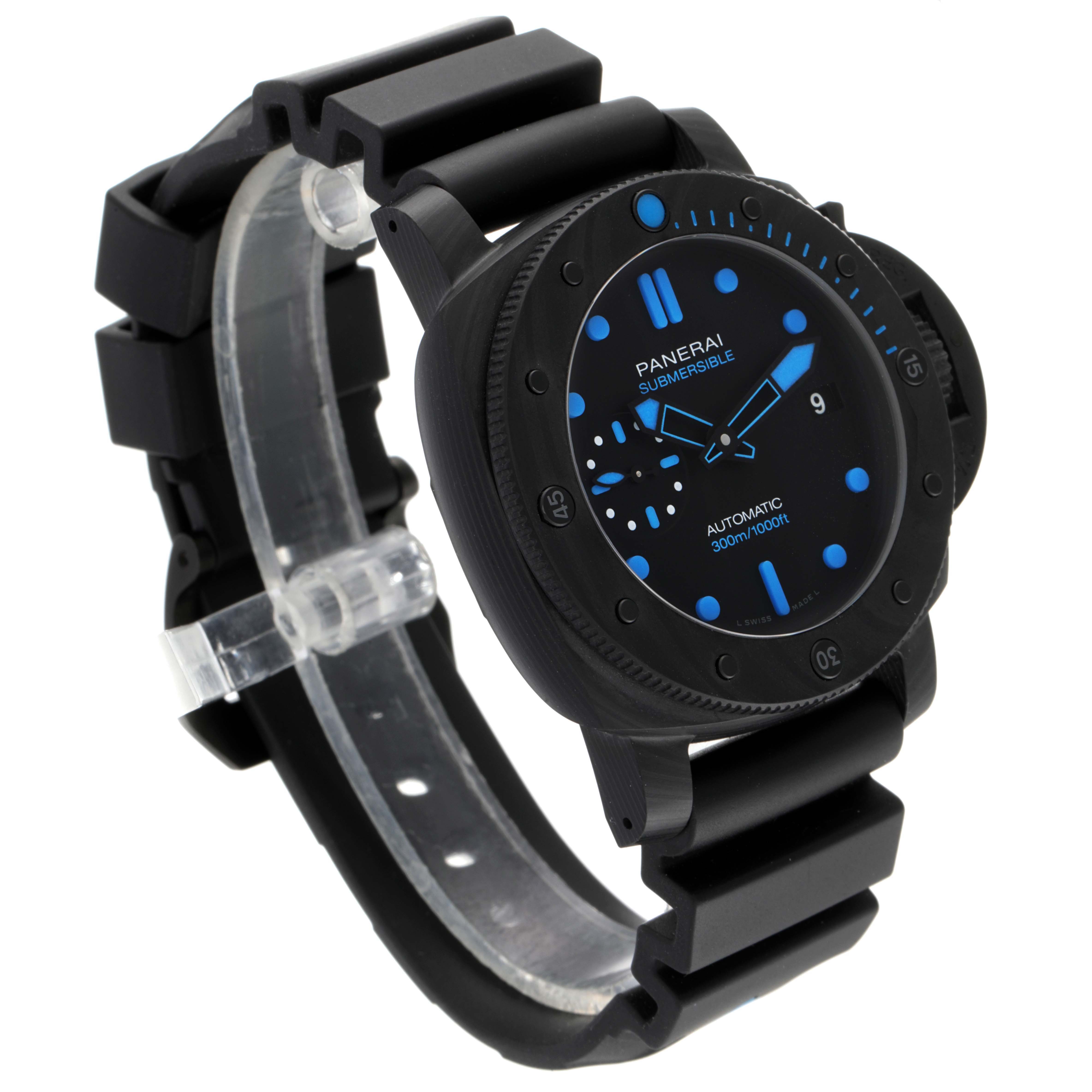 The Panerai Submersible PAM00960 Men
s Ceramic Black Dial PAM00960 Men
s Ceramic Black Dial watch is shown at a slight angle, highlighting the face, strap, and bezel.